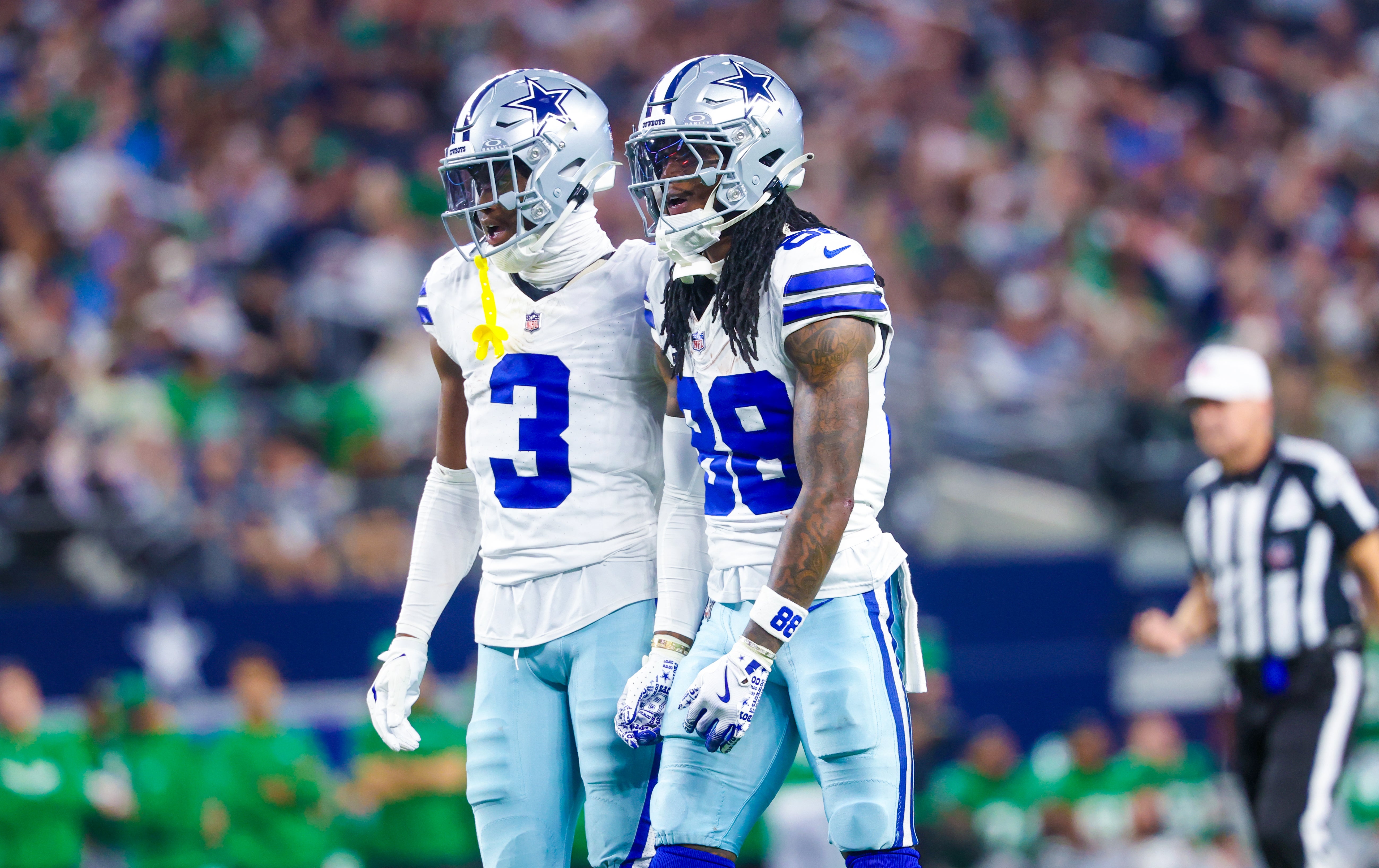 Nov 23, 2025; Arlington, Texas, USA; Dallas Cowboys wide receiver George Pickens (3) and Dallas Cowboys wide receiver CeeDee Lamb (88) react during the game against the Philadelphia Eagles at AT&T Stadium.