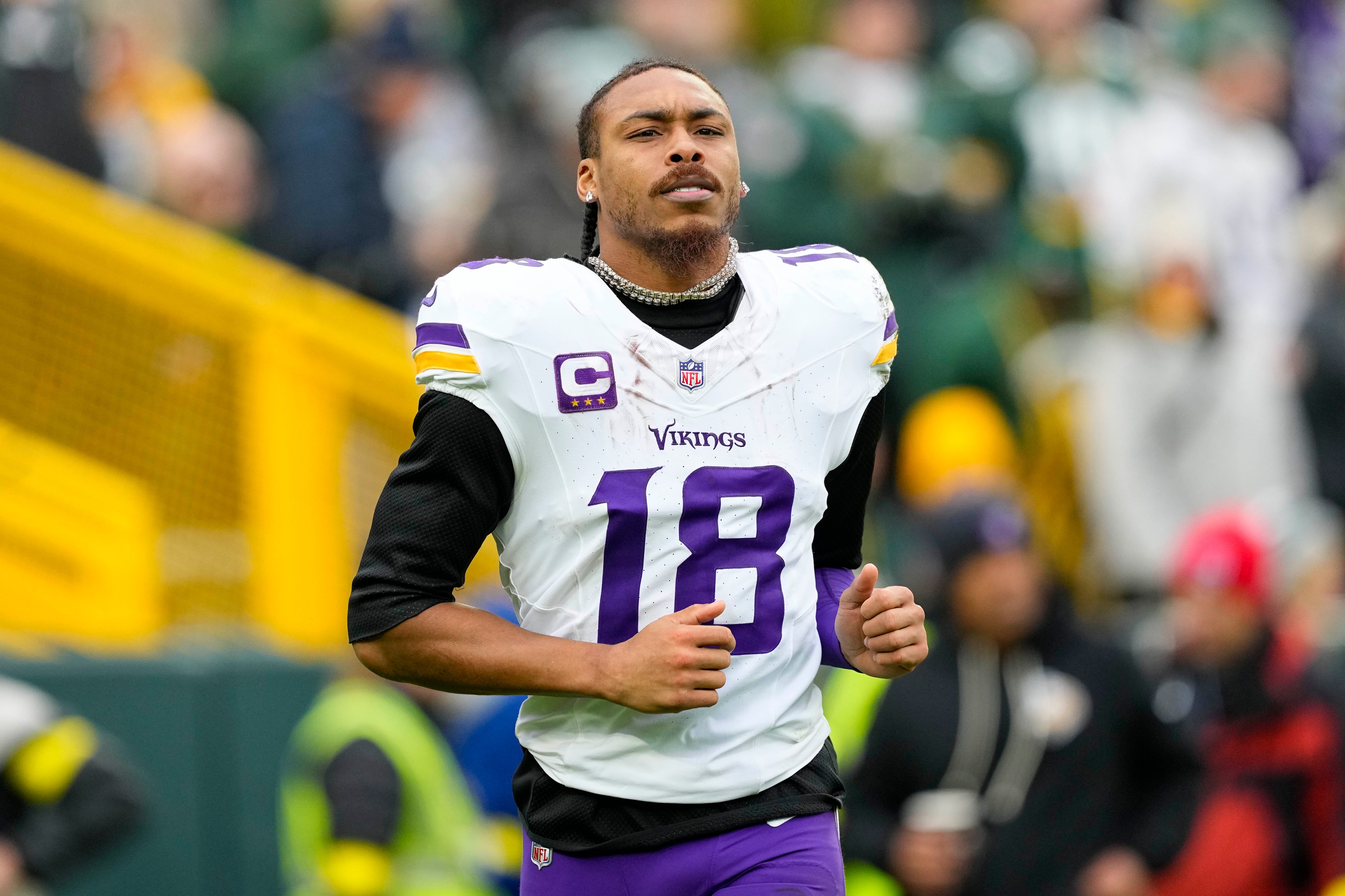Nov 23, 2025; Green Bay, Wisconsin, USA; Minnesota Vikings wide receiver Justin Jefferson (18) during the game against the Green Bay Packers at Lambeau Field.