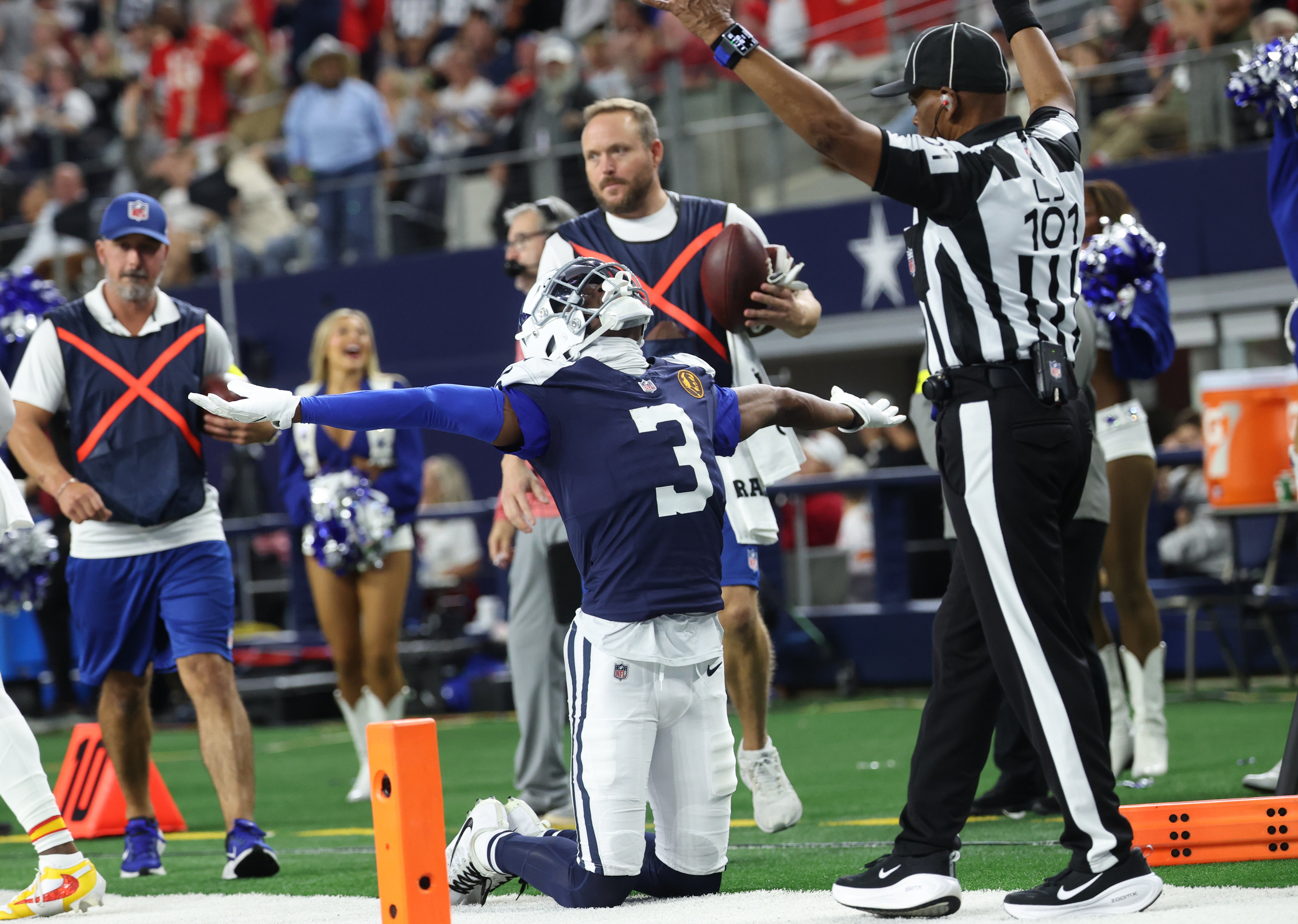 Nov 27, 2025; Arlington, Texas, USA; Dallas Cowboys wide receiver George Pickens (3) celebrates after catching a pass for a successful two-point conversion against the Kansas City Chiefs during the fourth quarter at AT&T Stadium.