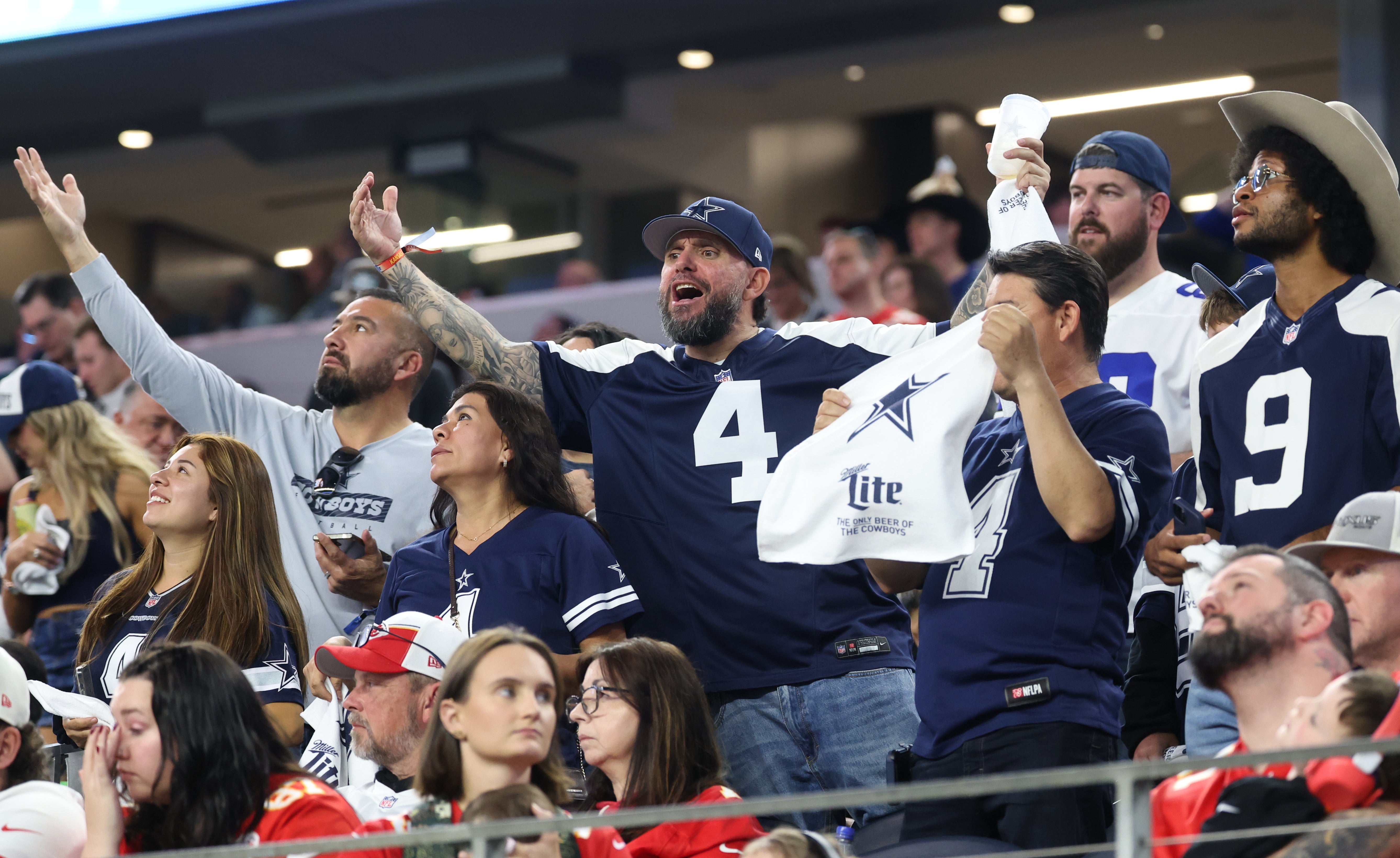 Arlington, Texas, USA; Dallas Cowboys fans react to a play against the Kansas City Chiefs during the fourth quarter at AT&T Stadium.