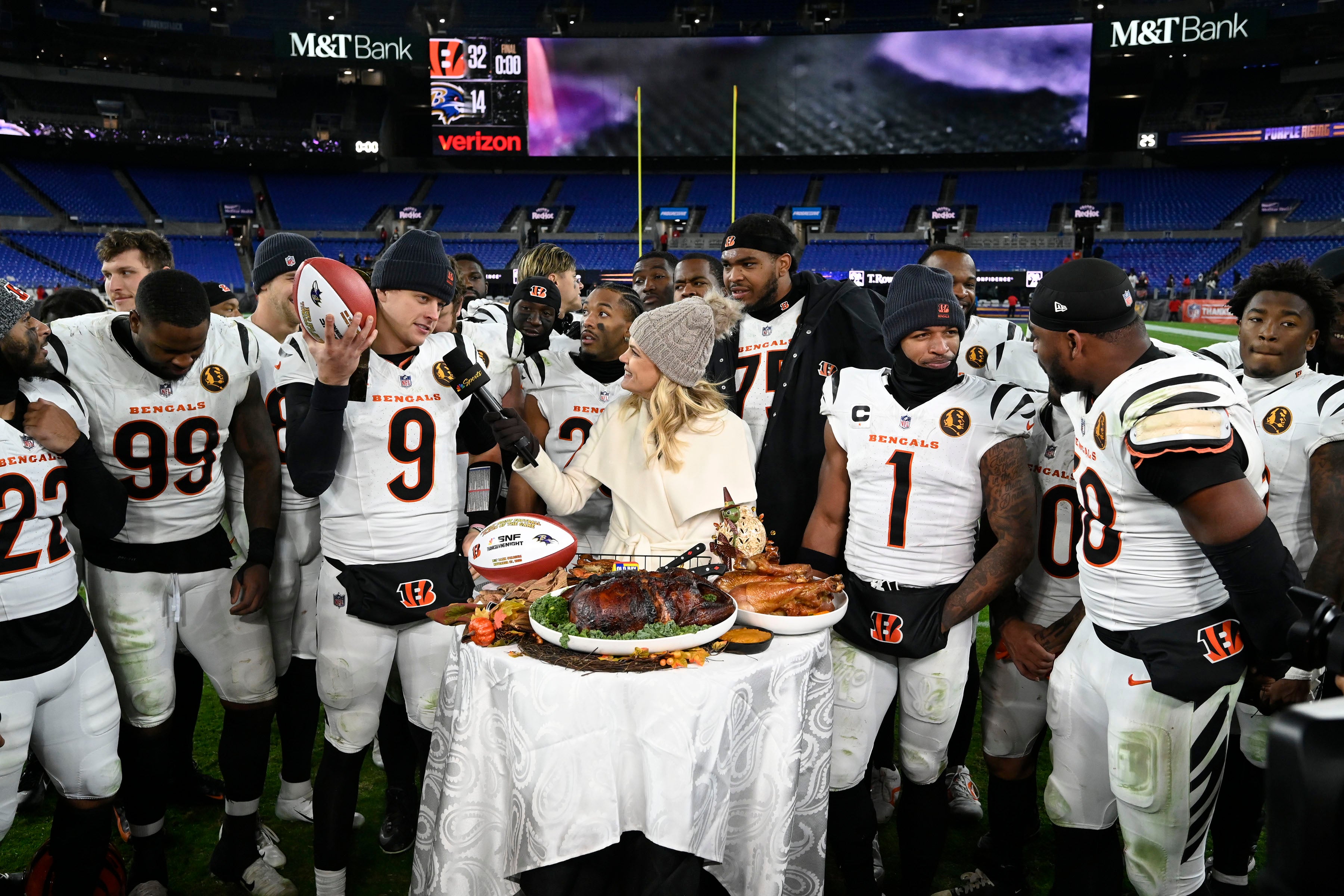 Nov 27, 2025; Baltimore, Maryland, USA; Cincinnati Bengals quarterback Joe Burrow (9) speaks to the media after the game at M&T Bank Stadium.