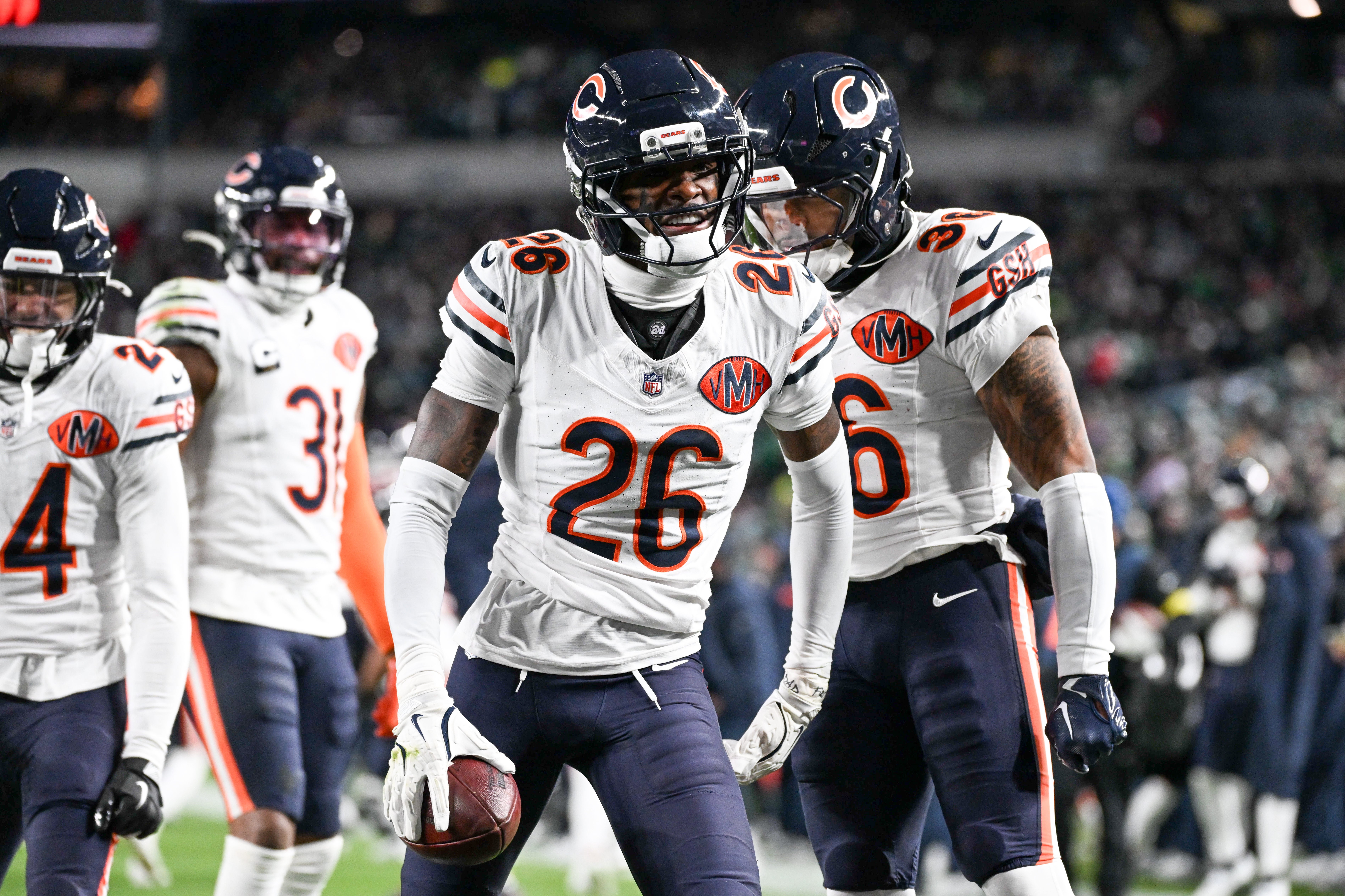 Nov 28, 2025; Philadelphia, Pennsylvania, USA; Chicago Bears cornerback Nahshon Wright (26) celebrates after recovering a fumble against the Philadelphia Eagles during the third quarter of the game at Lincoln Financial Field.