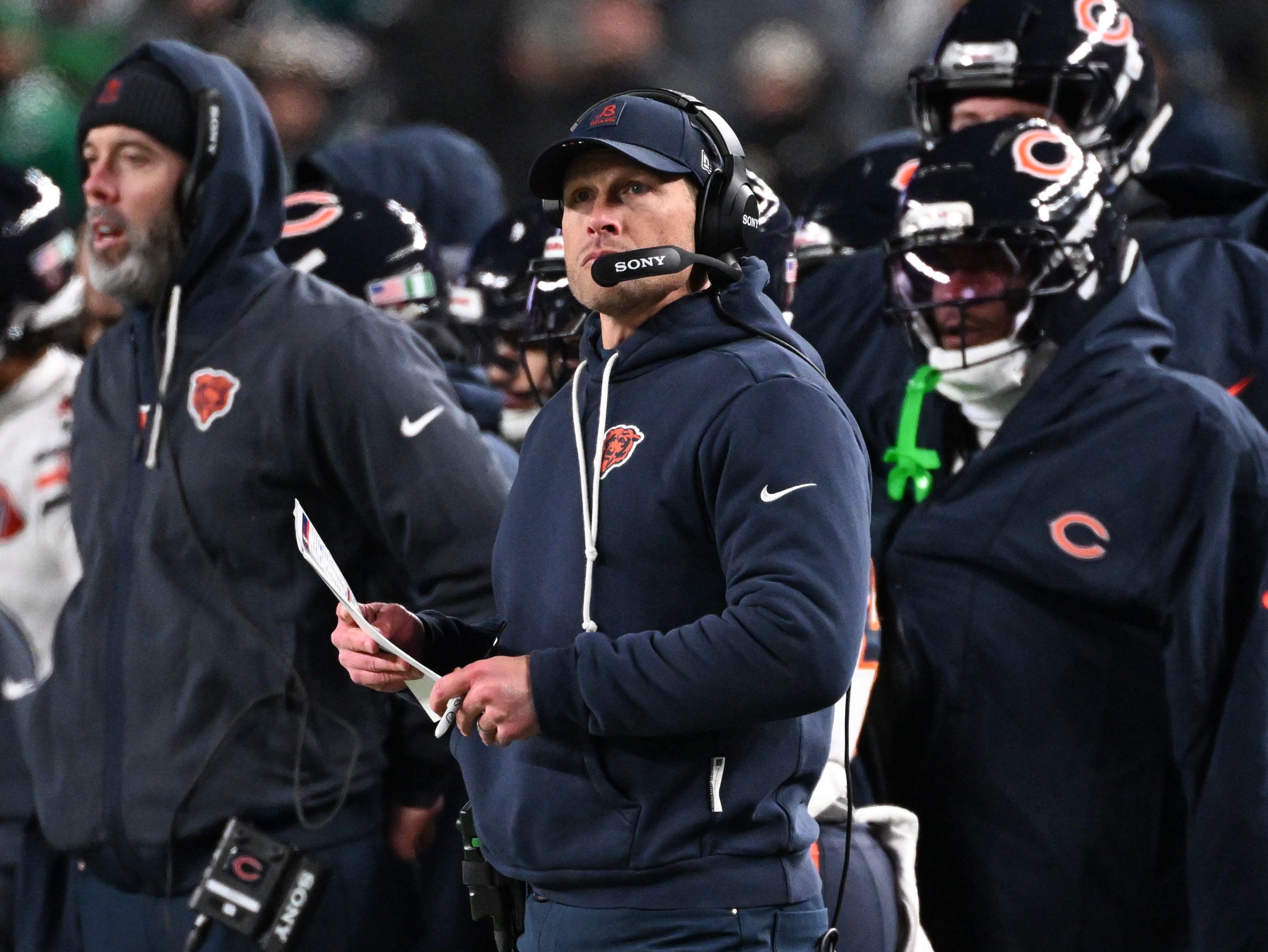 Nov 28, 2025; Philadelphia, Pennsylvania, USA; Chicago Bears head coach Ben Johnson looks on during the fourth quarter of the game against the Chicago Bears at Lincoln Financial Field.