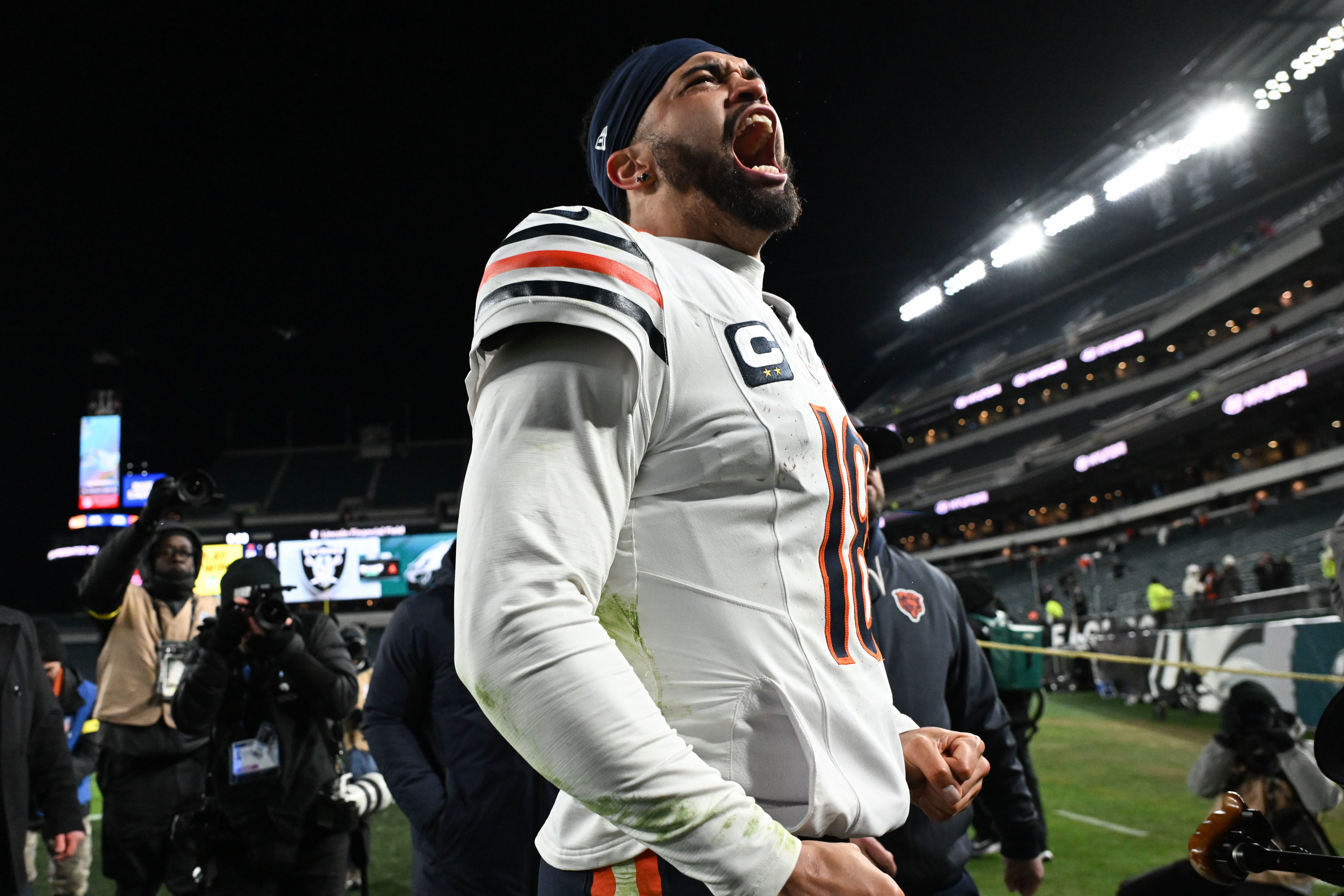Nov 28, 2025; Philadelphia, Pennsylvania, USA; Chicago Bears quarterback Caleb Williams (18) celebrates after the game against the Philadelphia Eagles at Lincoln Financial Field.