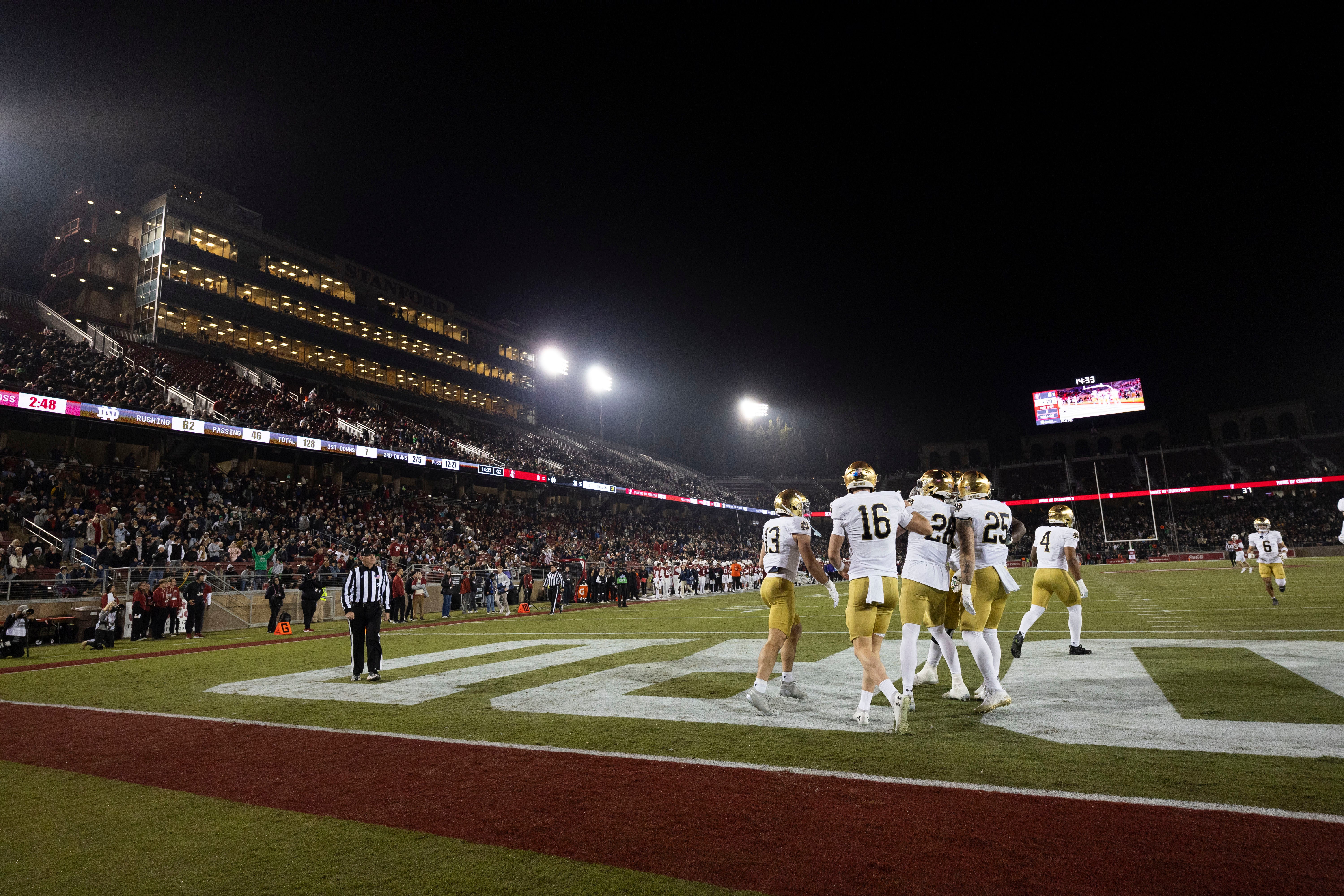 Nov 29, 2025; Stanford, California, USA; Notre Dame Fighting Irish players celebrate with safety Luke Talich (28) after scoring a touchdown on a fake punt against the Stanford Cardinal during the second quarter at Stanford Stadium. Mandatory Credit: Stan Szeto-Imagn Images