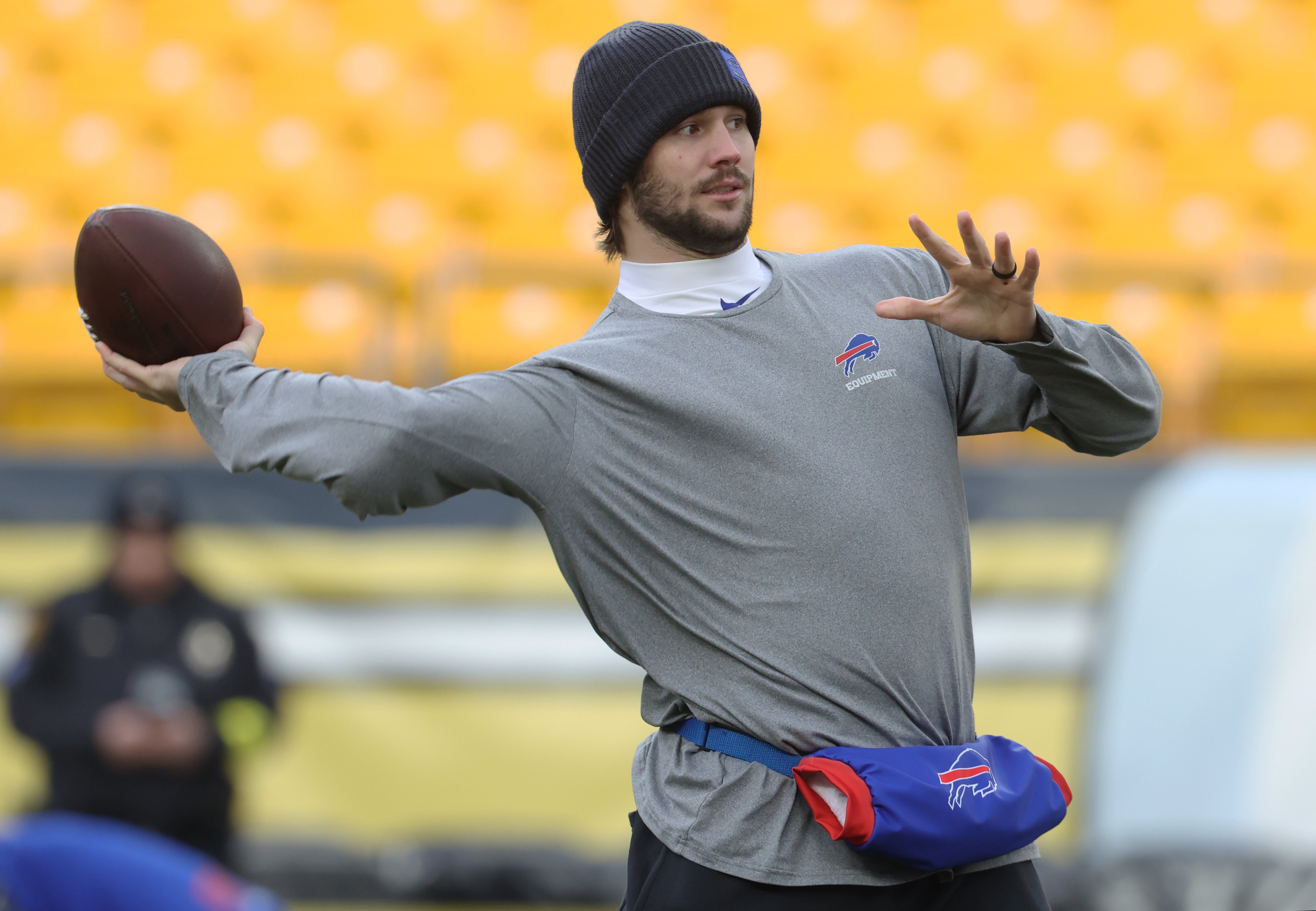 Nov 30, 2025; Pittsburgh, Pennsylvania, USA; Buffalo Bills quarterback Josh Allen (17) warms up before the game against the Pittsburgh Steelers at Acrisure Stadium.