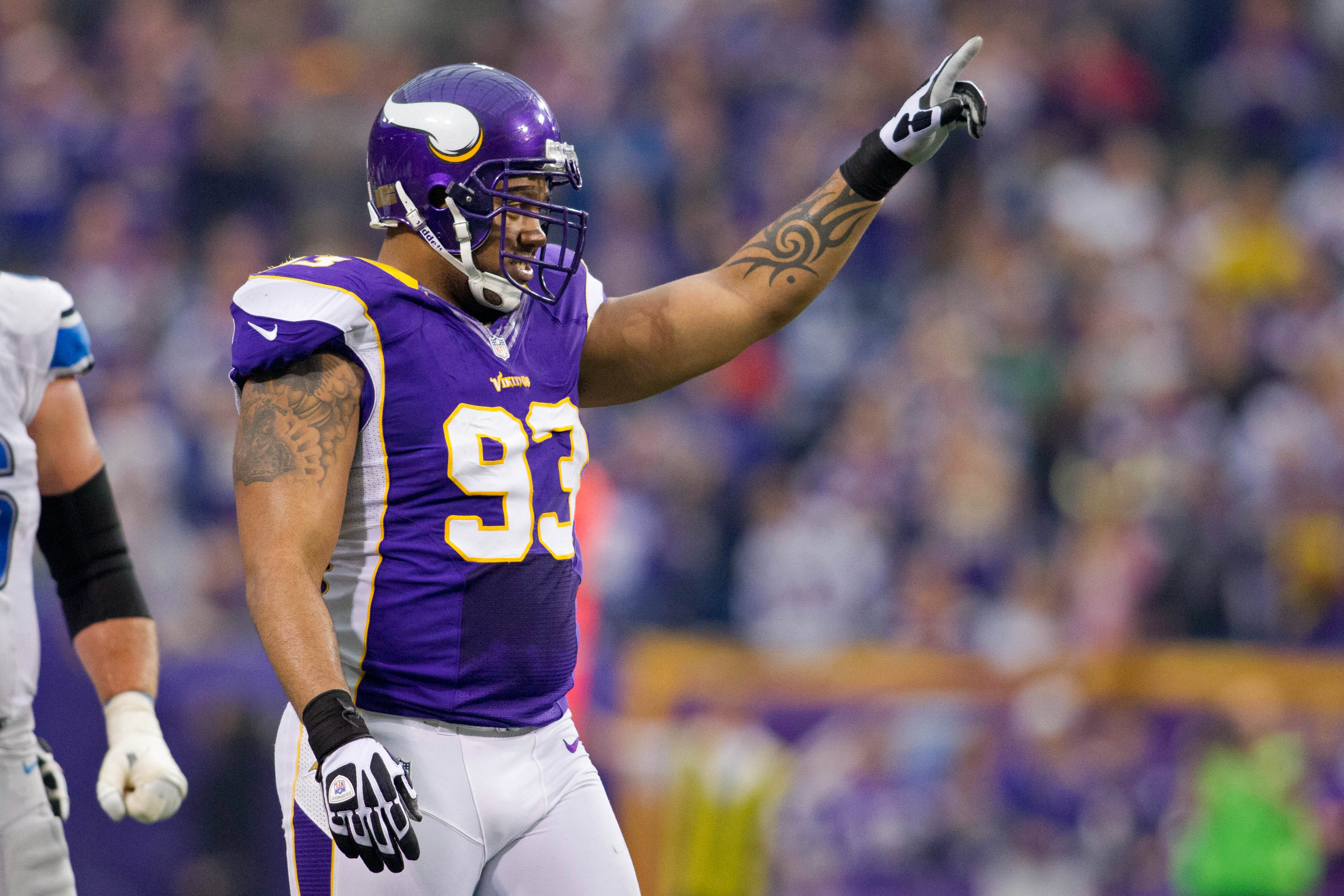 Nov 11, 2012; Minneapolis, MN, USA; Minnesota Vikings defensive tackle Kevin Williams (93) celebrates his sack of the Detroit Lions quarterback in the second quarter at the Metrodome. The Vikings win 34-24.