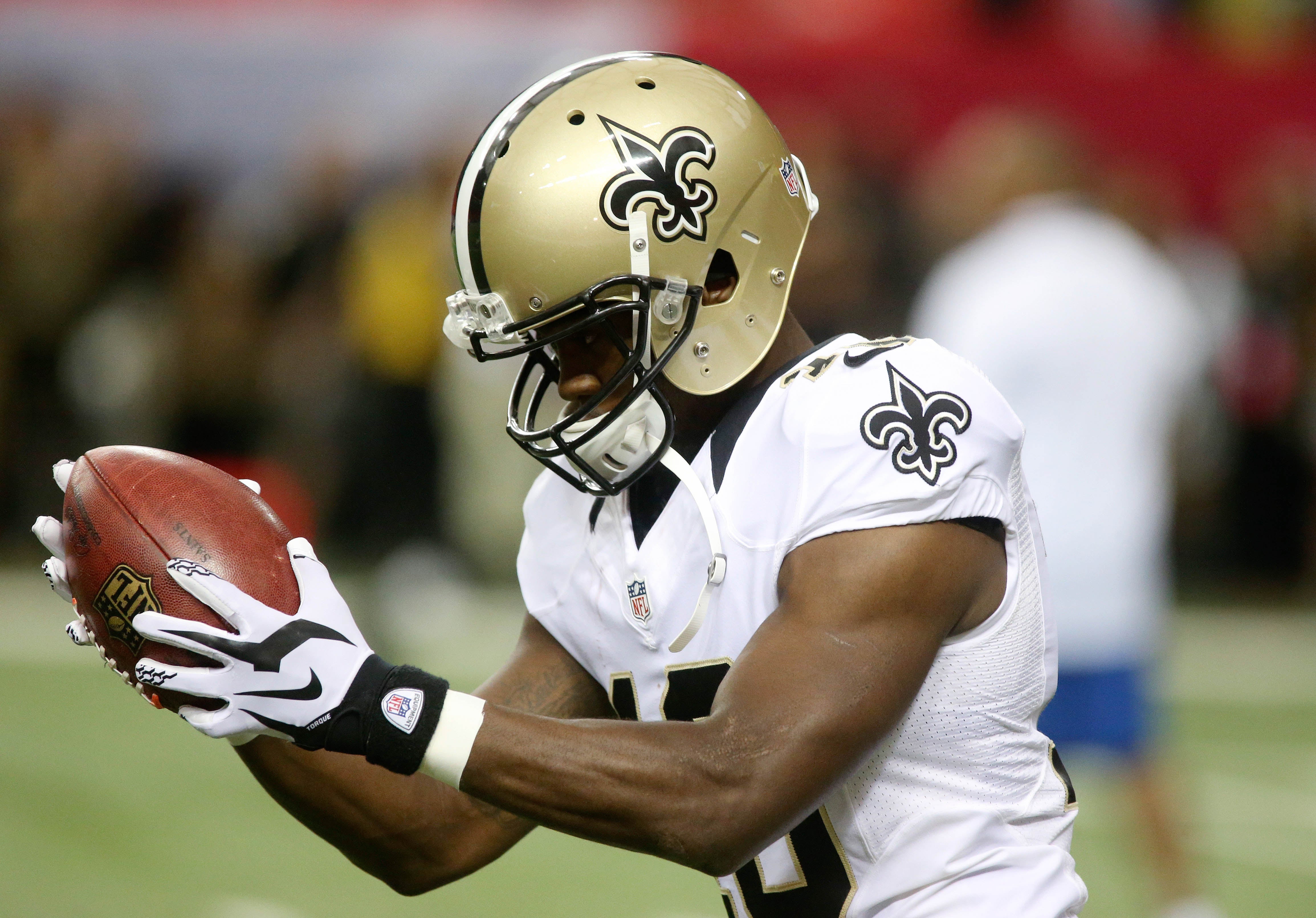 Sep 7, 2014; Atlanta, GA, USA; New Orleans Saints wide receiver Brandin Cooks (10) catches a punt before the game against the Atlanta Falcons at the Georgia Dome.