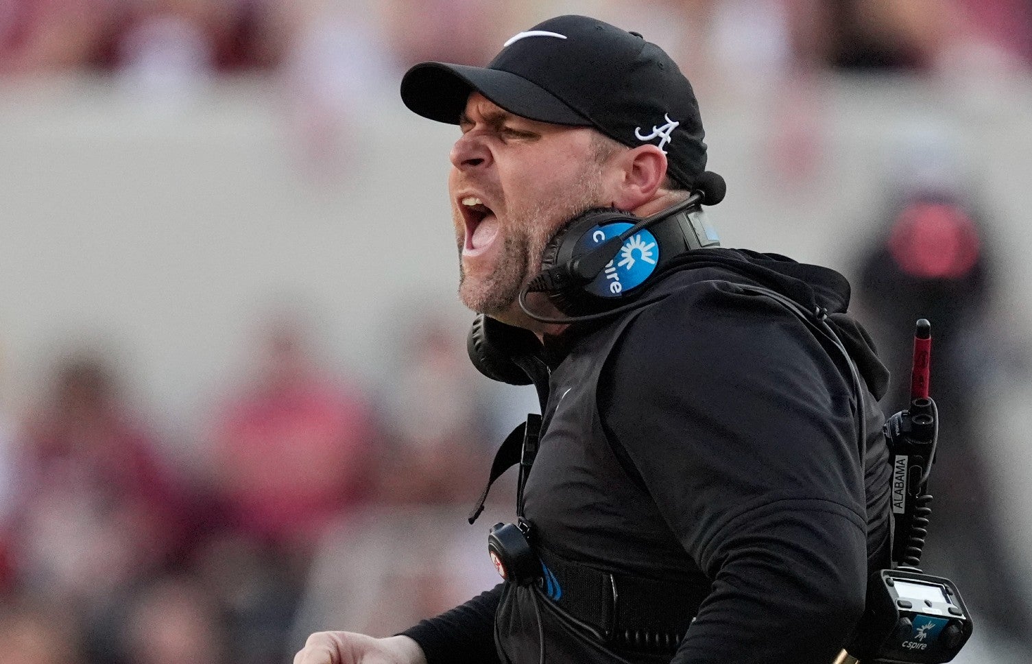Nov 22, 2025; Tuscaloosa, Alabama, USA; Alabama defensive coordinator Kane Wommack yells to his defense during the game with Eastern Illinois at Saban Field at Bryant-Denny Stadium