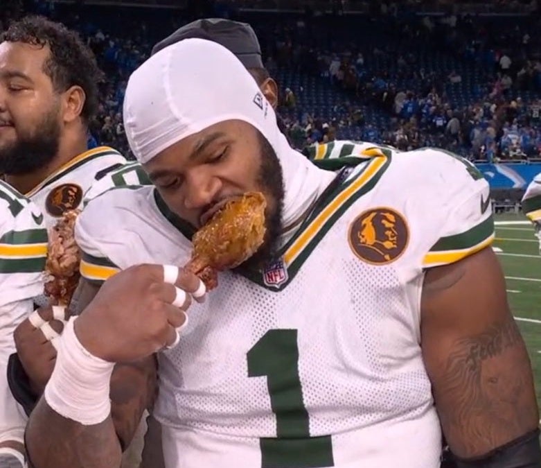 Micah Parsons eating his Turkey after the Packers beat the Lions on Thanksgiving.