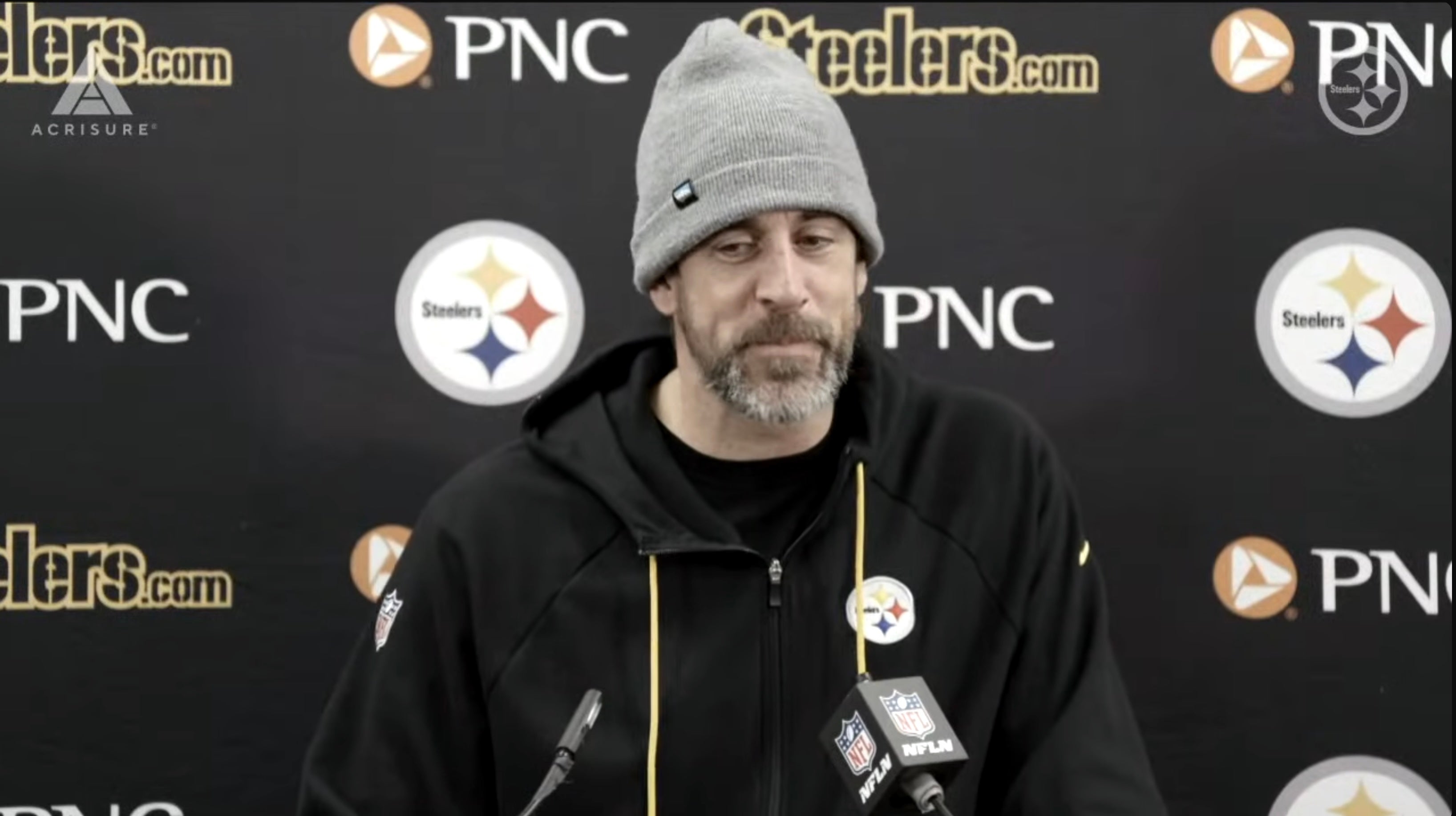 Pittsburgh Steelers QB Aaron Rodgers speaks to the media following 27-22 win against Baltimore Ravens in Week 14 of 2025 season, 12/7/2025.