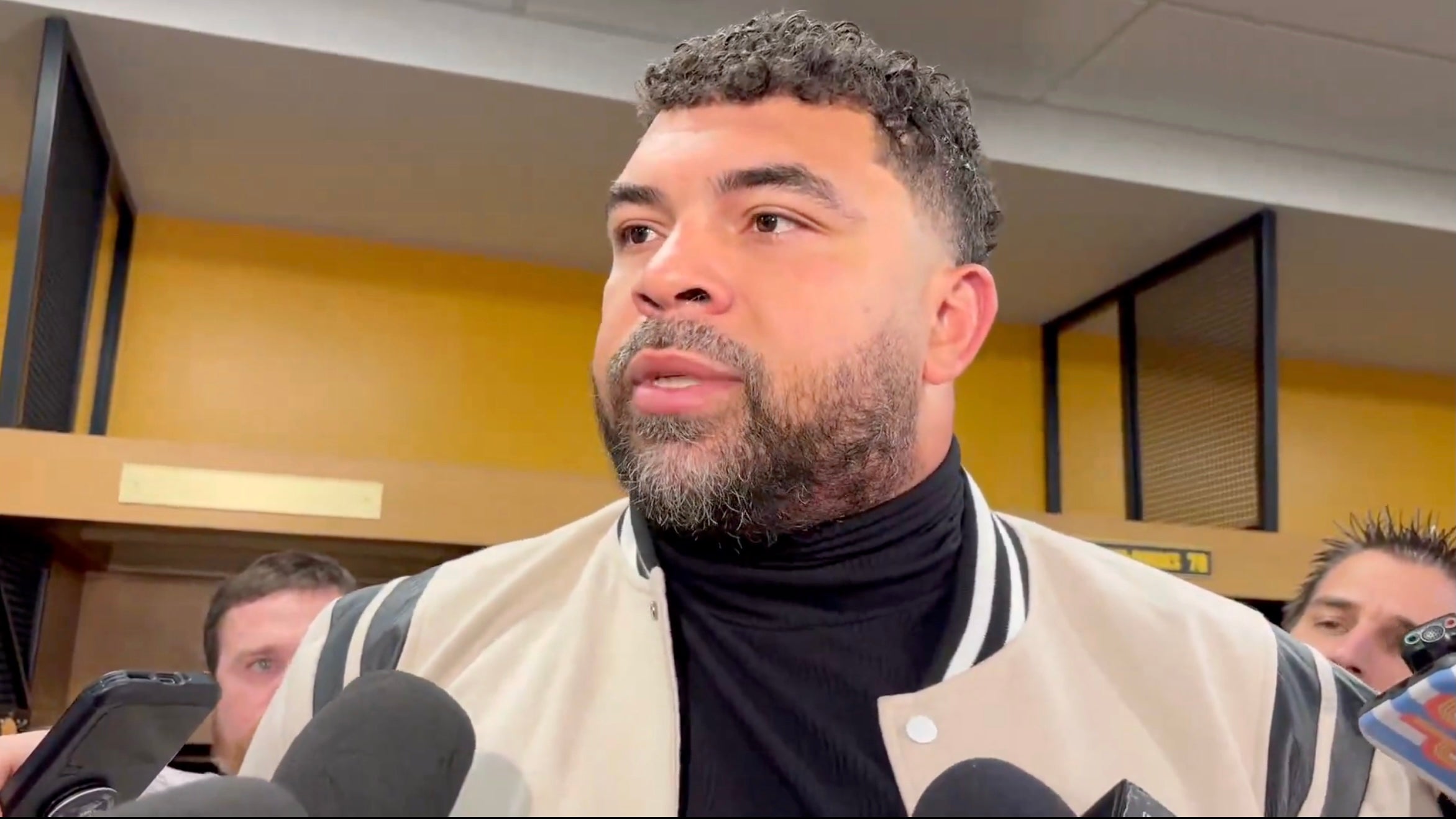Pittsburgh Steelers DT Cam Heyward speaks with the media following 26-7 loss vs. Buffalo Bills in Week 13 of 2025 NFL season, 11/30/25.
