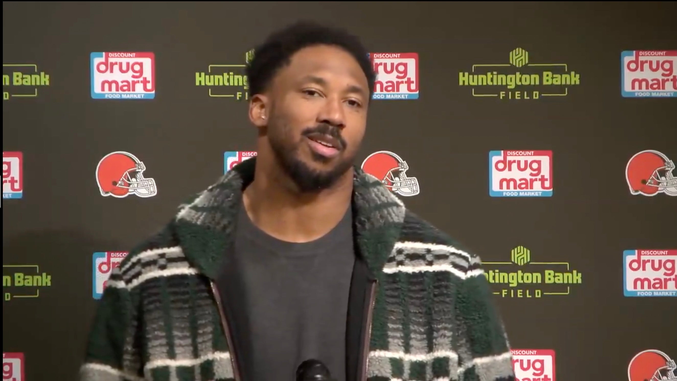 Cleveland Browns defender Myles Garrett speaks to the media following 13-6 win against Pittsburgh Steelers, 12/28/2025.