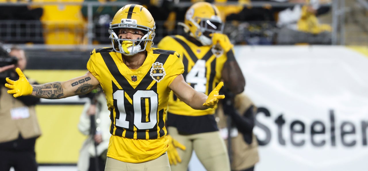 Oct 26, 2025; Pittsburgh, Pennsylvania, USA; Pittsburgh Steelers wide receiver Roman Wilson (10) reacts during the fourth quarter against the Green Bay Packers at Acrisure Stadium.
