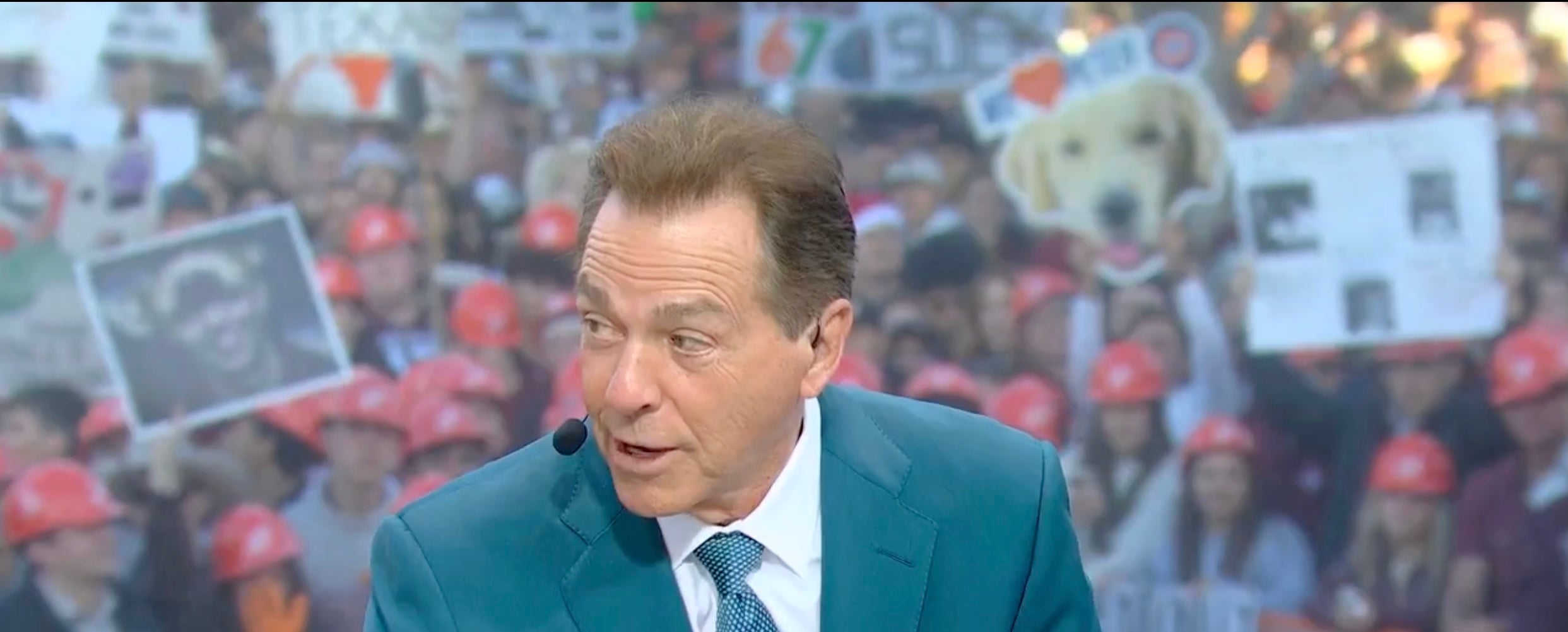 Former Alabama Crimson Tide Head Coach Nick Saban reacts to Alabama's comeback win against Oklahoma in Round 1 of College Football Playoff, 12/20/25.