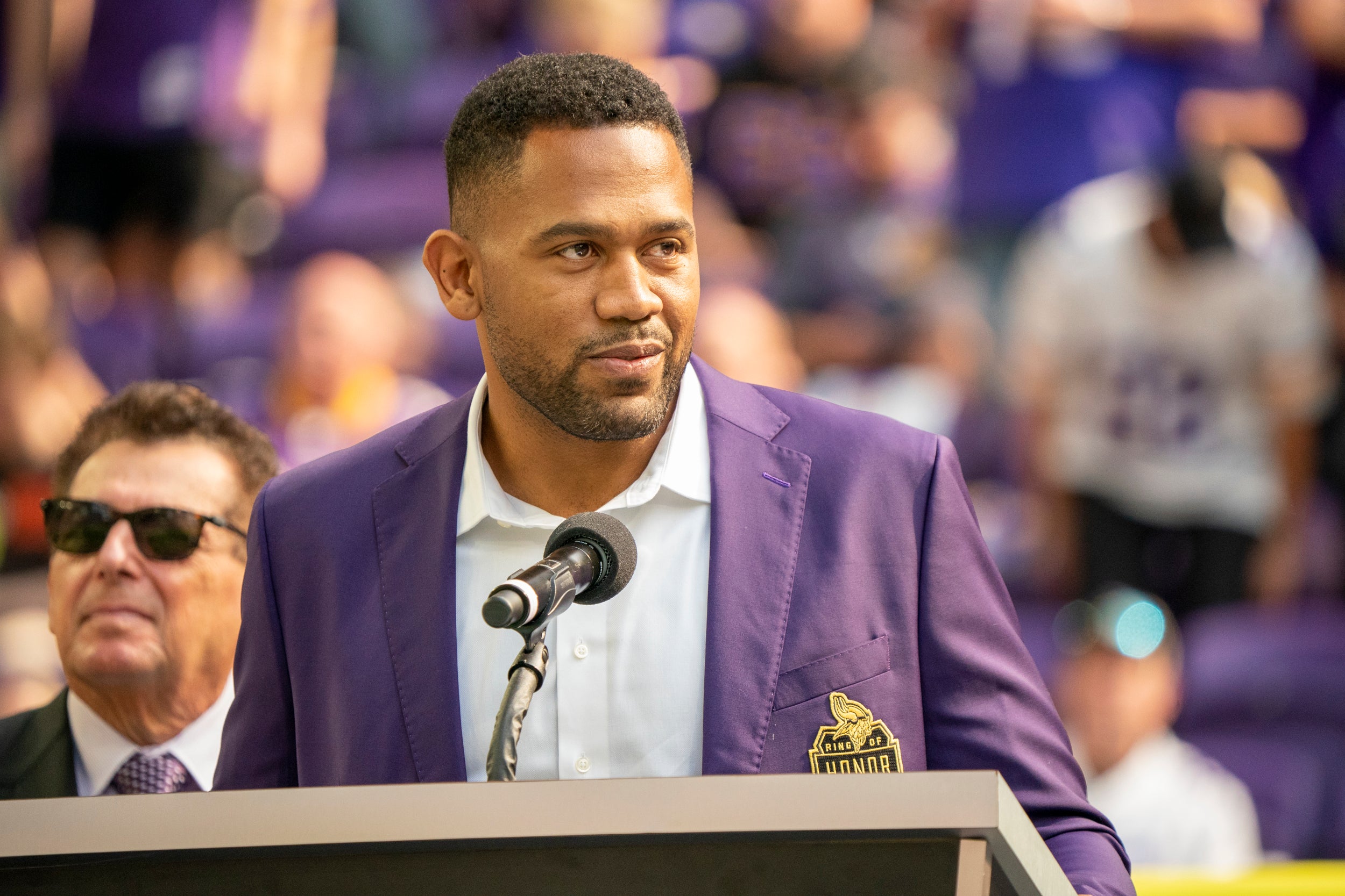 Oct 3, 2021; Minneapolis, Minnesota, USA; Minnesota Vikings honor defensive tackle Kevin Williams, inducting him in the ring of honor at halftime as they play the Cleveland Browns at U.S. Bank Stadium.