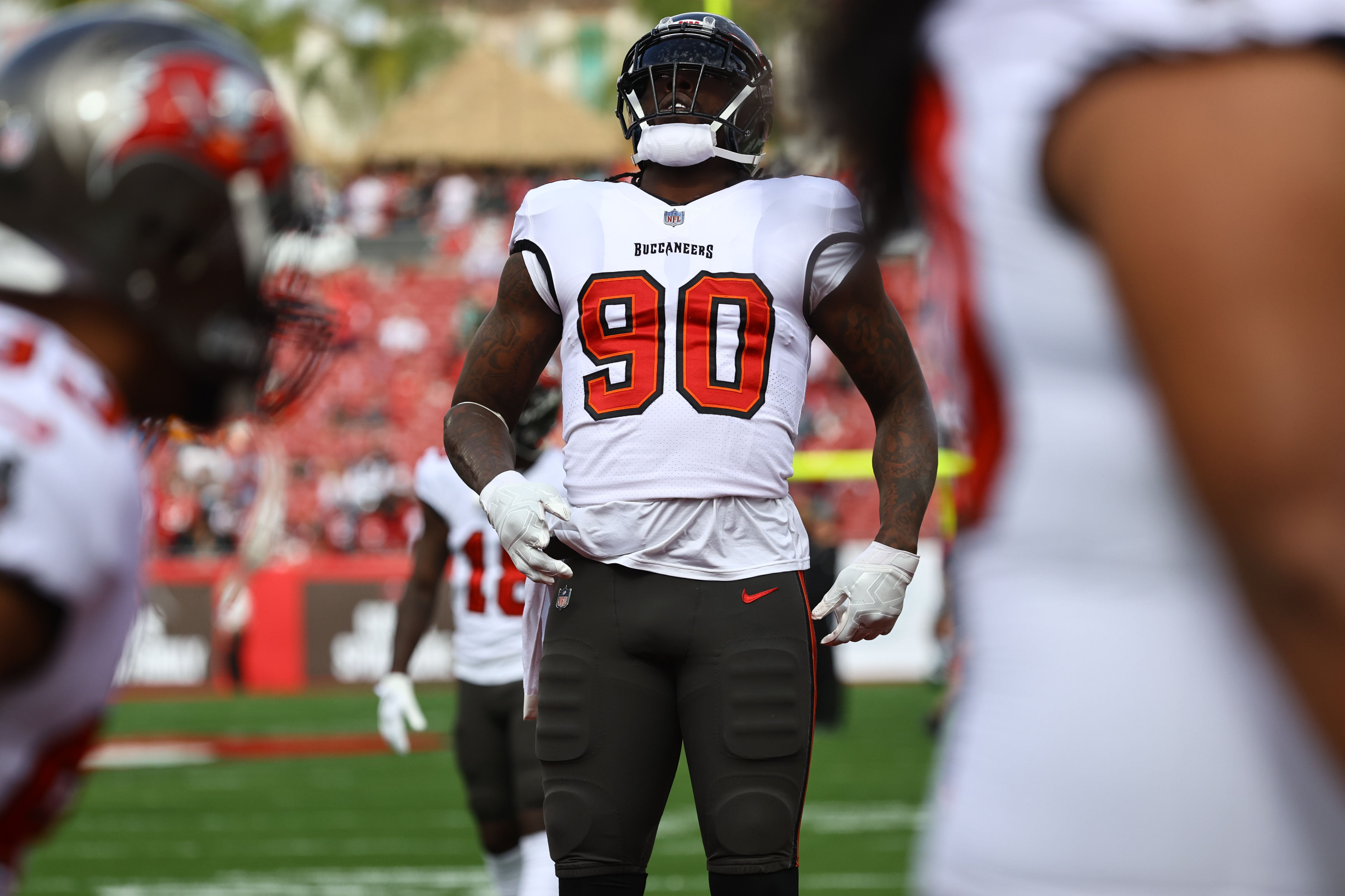 Jan 16, 2022; Tampa, Florida, USA;Tampa Bay Buccaneers outside linebacker Jason Pierre-Paul (90) prior to the game in a NFC Wild Card playoff football game at Raymond James Stadium.