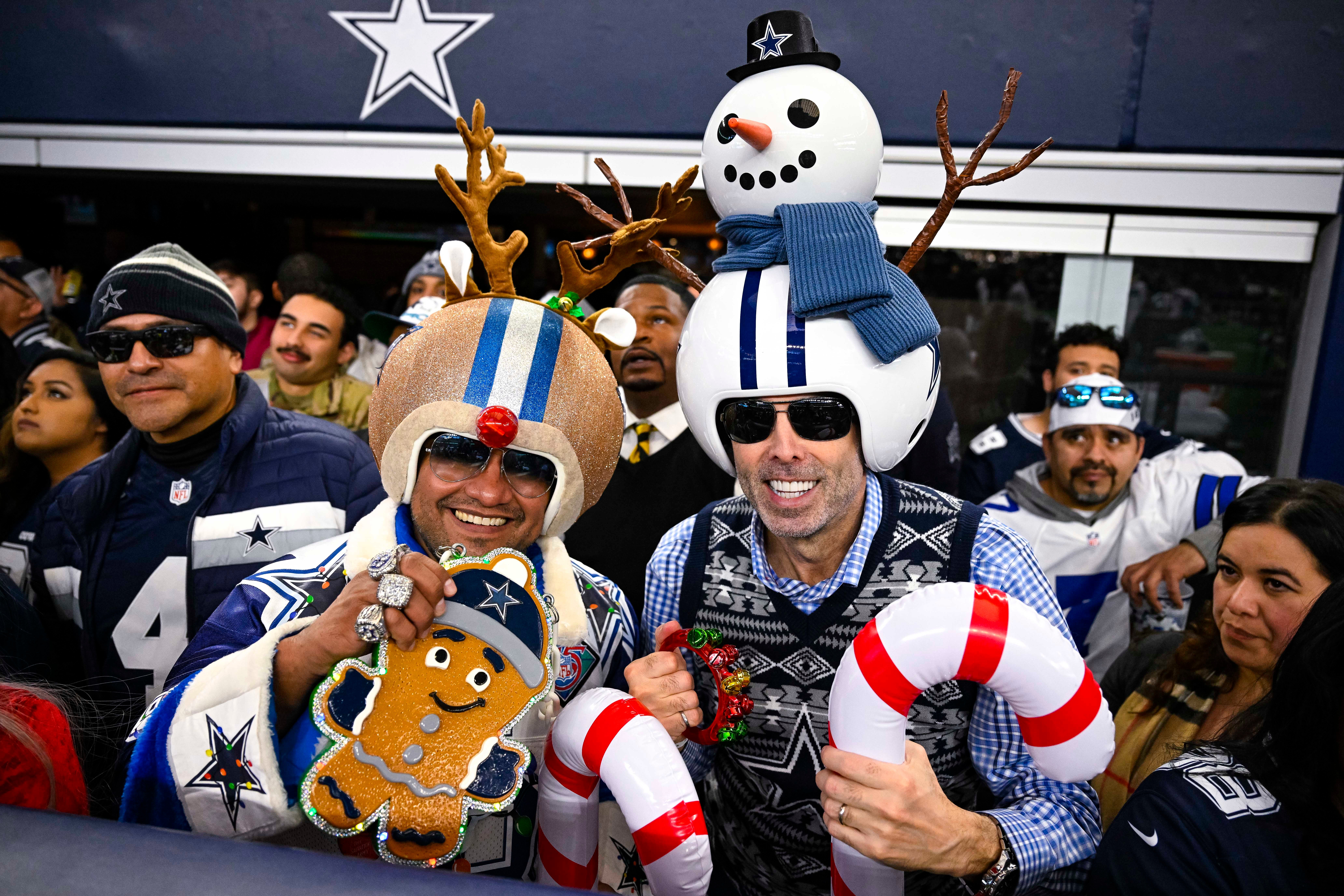 Dec 24, 2022; Arlington, Texas, USA; A view of Dallas Cowboys fans in Christmas costumes during the game between the Dallas Cowboys and the Philadelphia Eagles at AT&T Stadium.