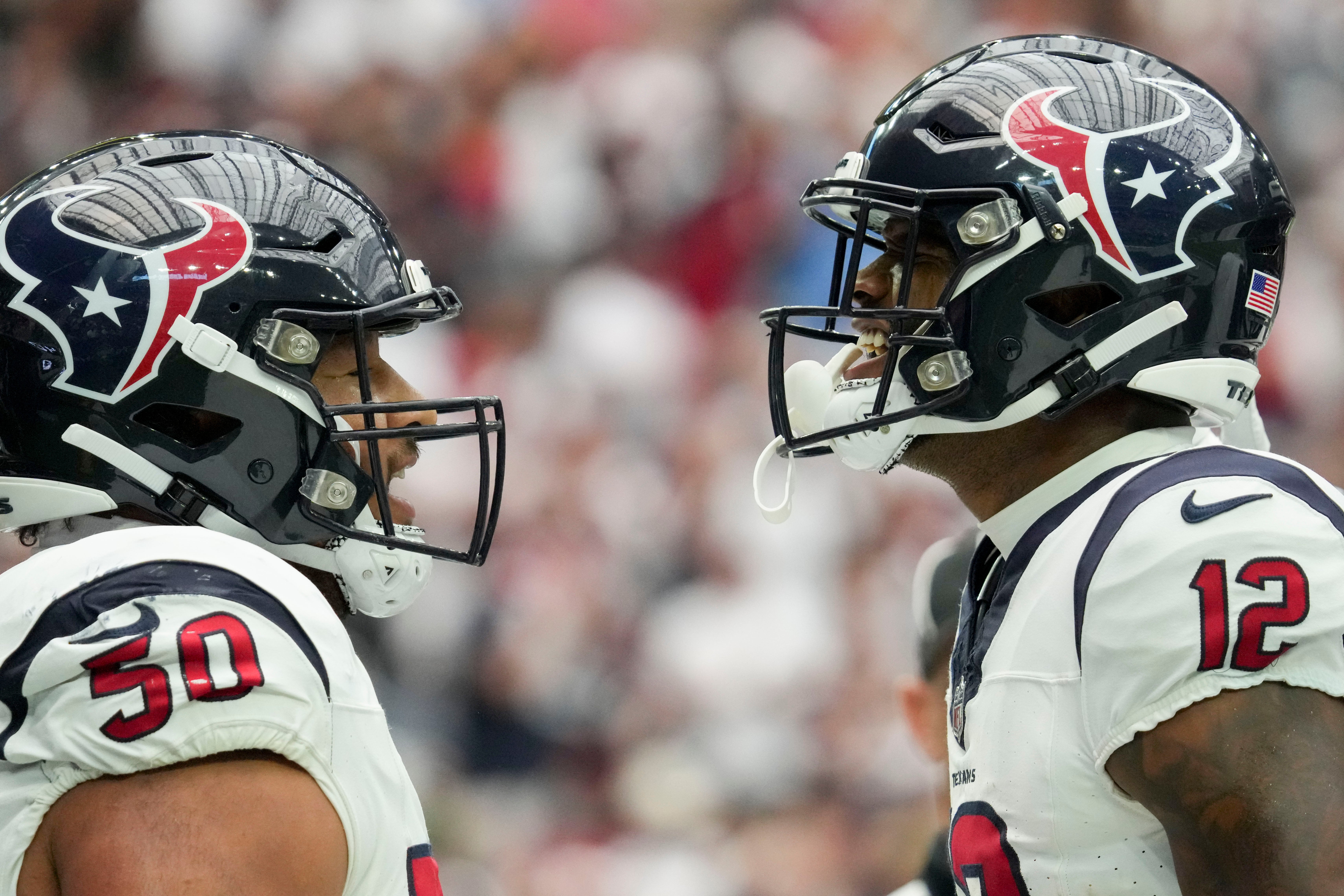 Sep 17, 2023; Houston, Texas, USA; Houston Texans center Kendrick Green (50) celebrates with Houston Texans wide receiver Nico Collins (12) after making a touchdown catch Sunday, Sept. 17, 2023, during a game against the Indianapolis Colts at NRG Stadium.