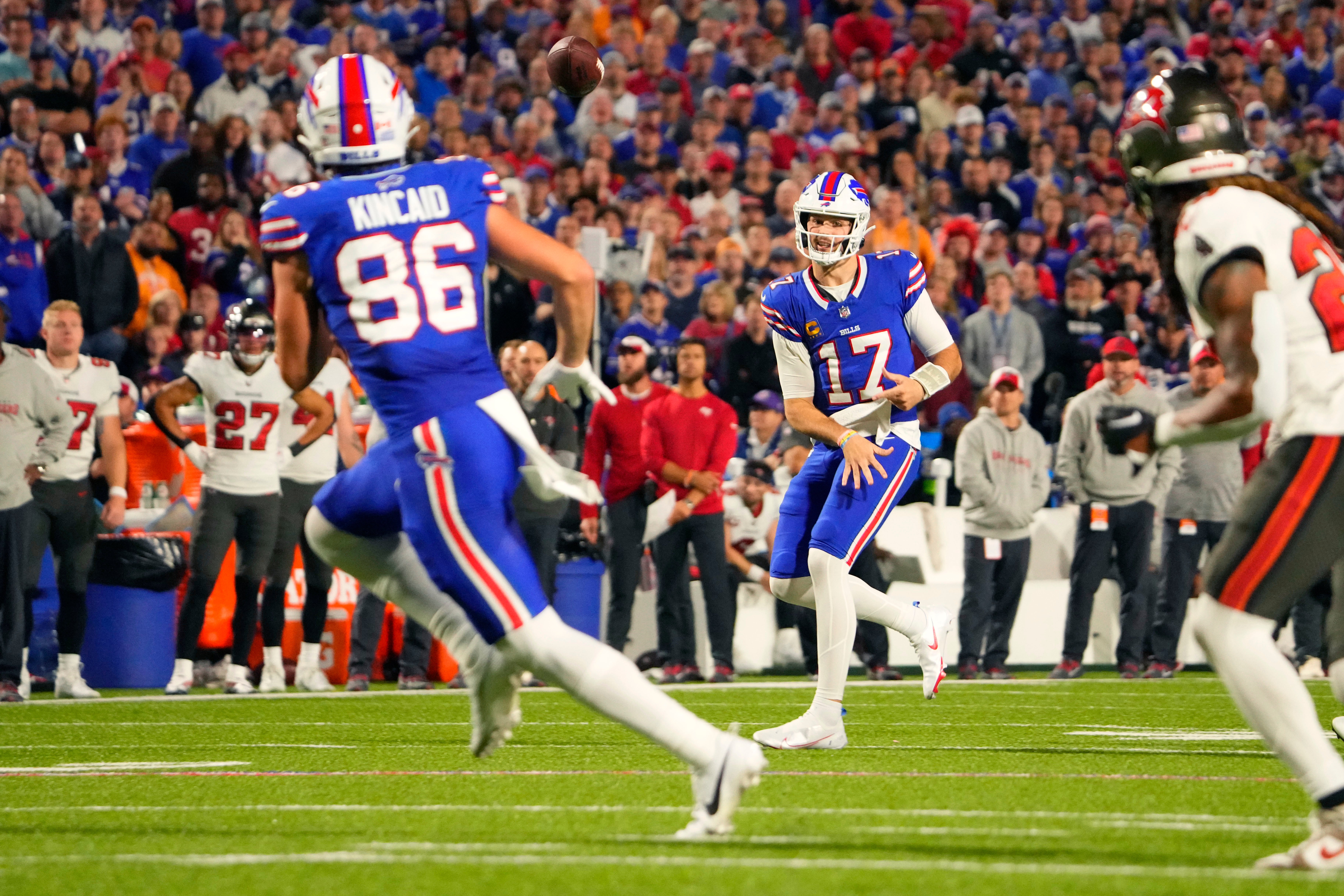 Oct 26, 2023; Orchard Park, New York, USA; Buffalo Bills quarterback Josh Allen (17) throws the ball to tight end Dalton Kincaid (86) during the first half against the Tampa Bay Buccaneers at Highmark Stadium.