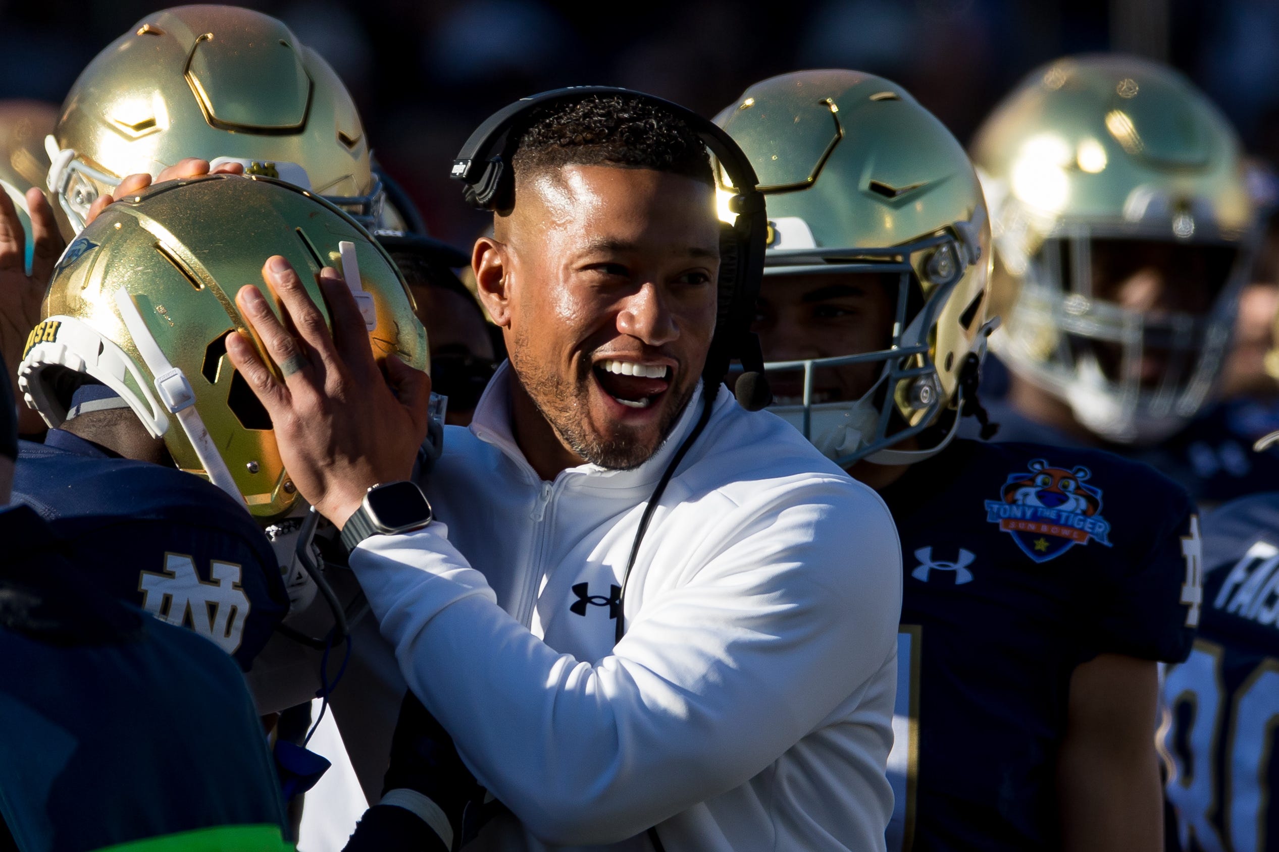 Notre Dame head football coach Marcus Freeman celebrates at the 90th annual Sun Bowl game against Oregon State on Friday, Dec. 29, 2023, at El Paso, Texas.