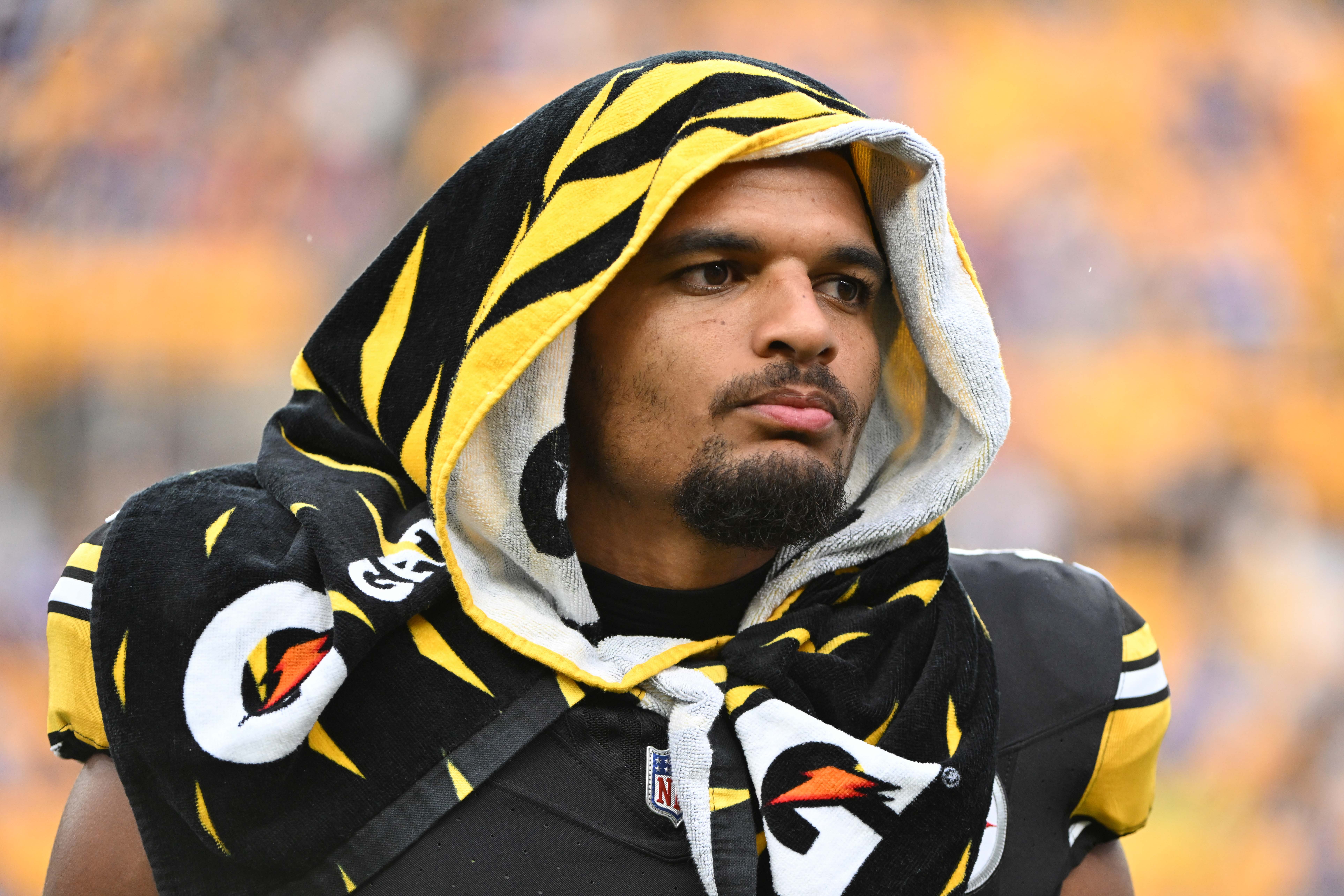 Aug 17, 2024; Pittsburgh, Pennsylvania, USA; Pittsburgh Steelers safety Minkah Fitzpatrick (39) watches the action against the Buffalo Bills at Acrisure Stadium.