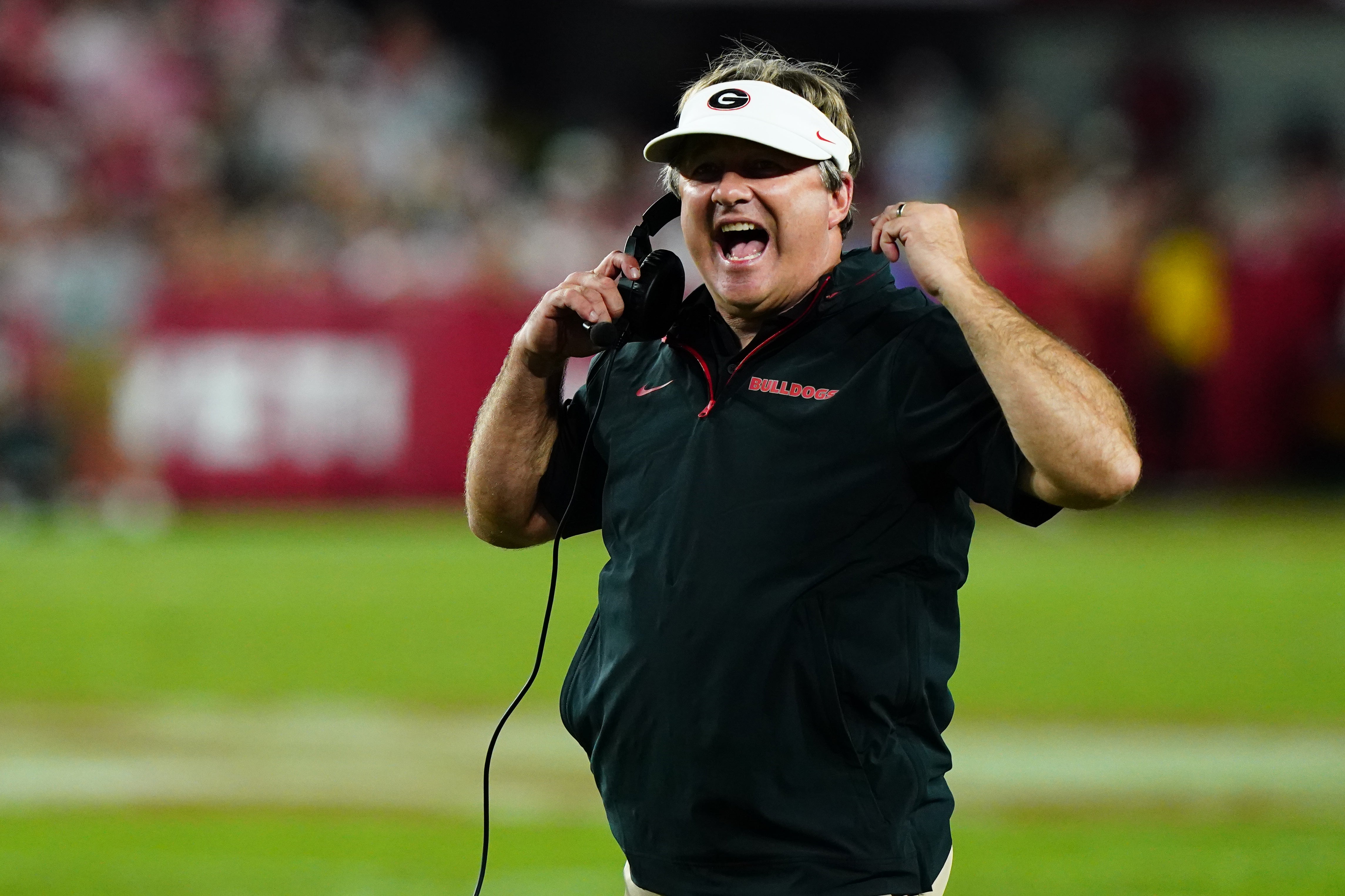 Sep 28, 2024; Tuscaloosa, Alabama, USA; Georgia Bulldogs head coach Kirby Smart reacts during the first half against the Alabama Crimson Tide at Bryant-Denny Stadium.