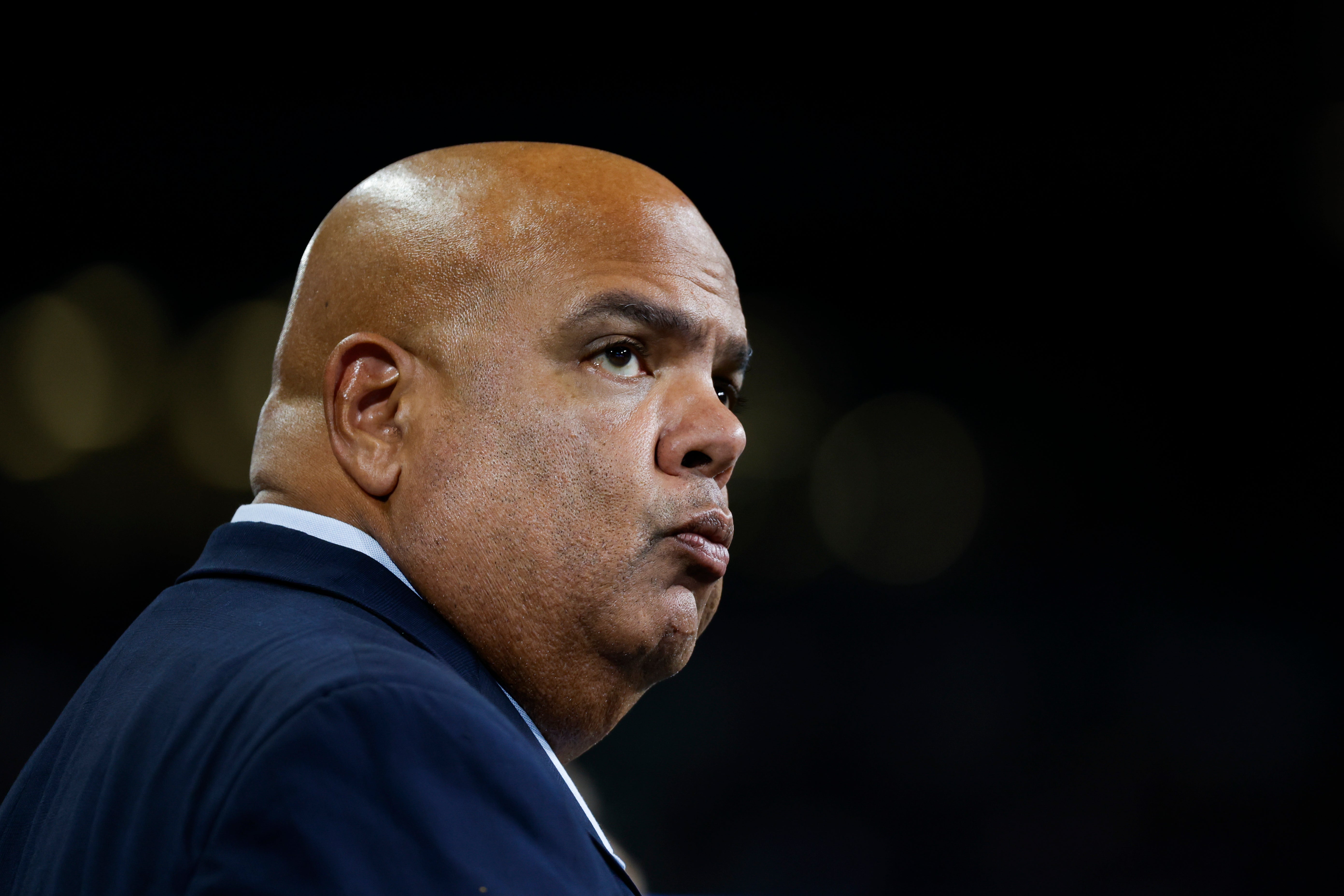 Oct 5, 2024; Seattle, Washington, USA; Michigan Wolverines director of athletics Warde Manuel stands on the sidelines during the fourth quarter of a football game against the Washington Huskies at Alaska Airlines Field at Husky Stadium.