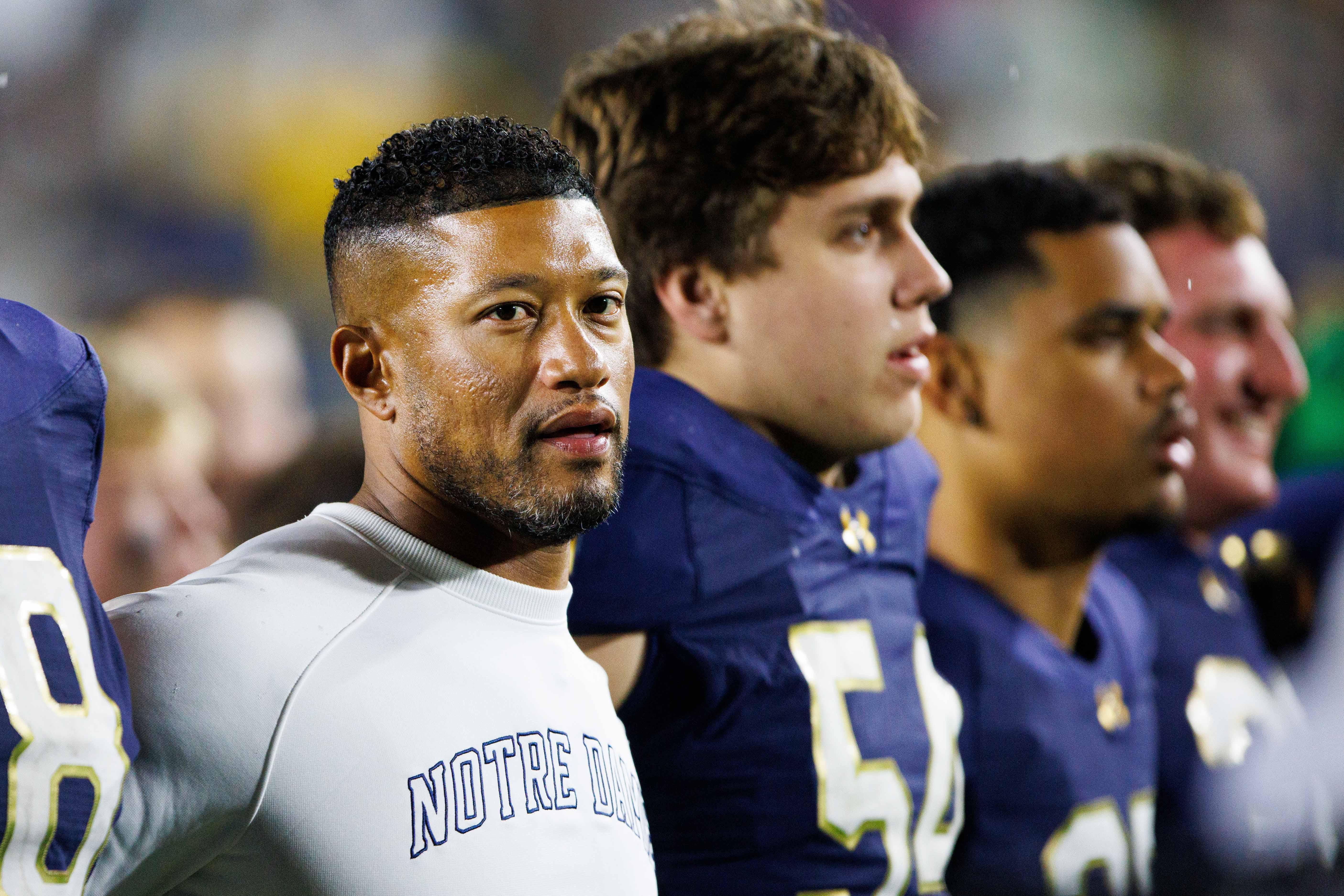 Notre Dame head coach Marcus Freeman celebrates winning a NCAA college football game 49-7 against Stanford at Notre Dame Stadium on Saturday, Oct. 12, 2024, in South Bend.