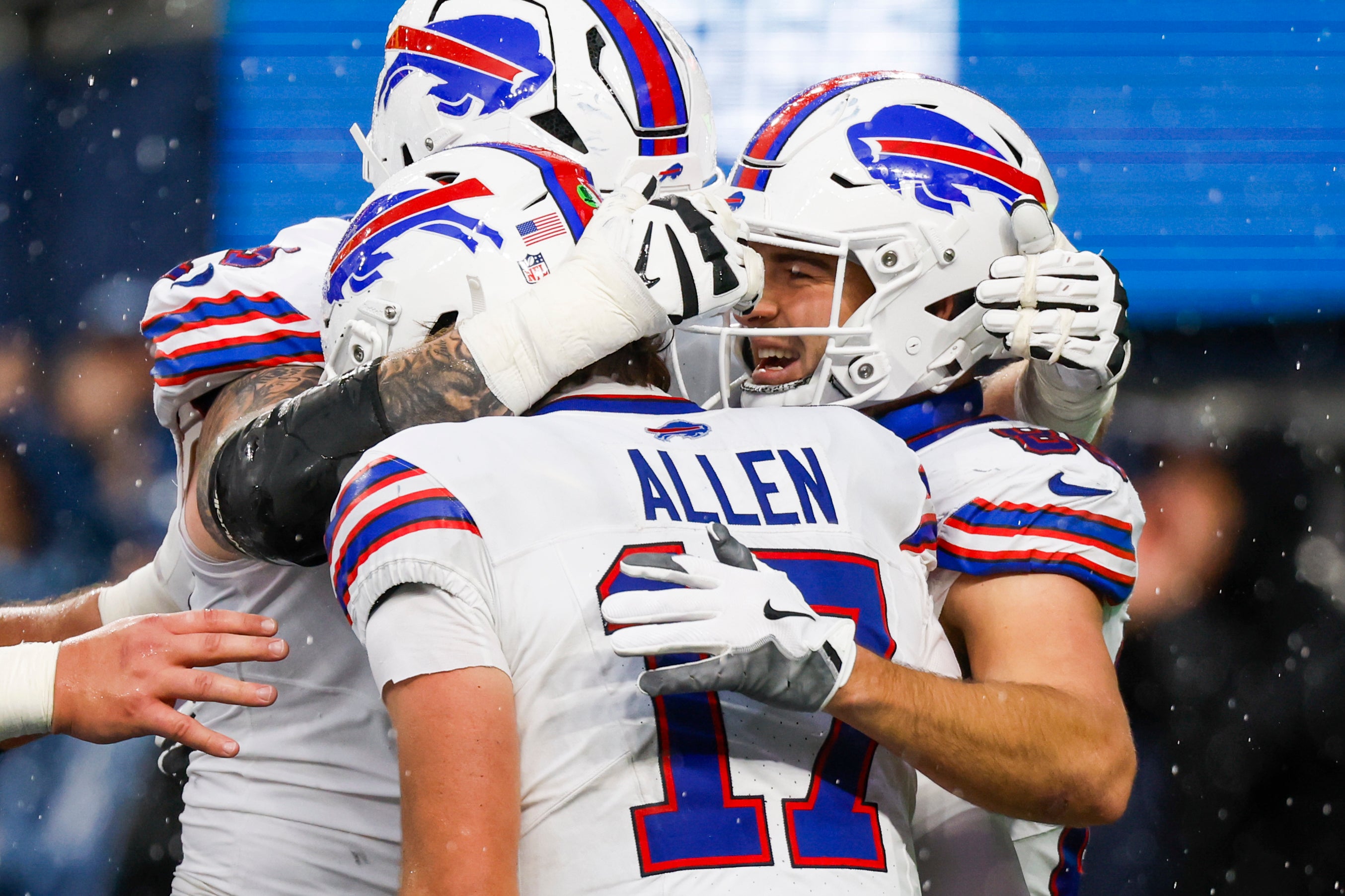 Oct 27, 2024; Seattle, Washington, USA; Buffalo Bills tight end Dalton Kincaid (86) celebrates with quarterback Josh Allen (17) after catching a touchdown pass against the Seattle Seahawks during the second quarter at Lumen Field.