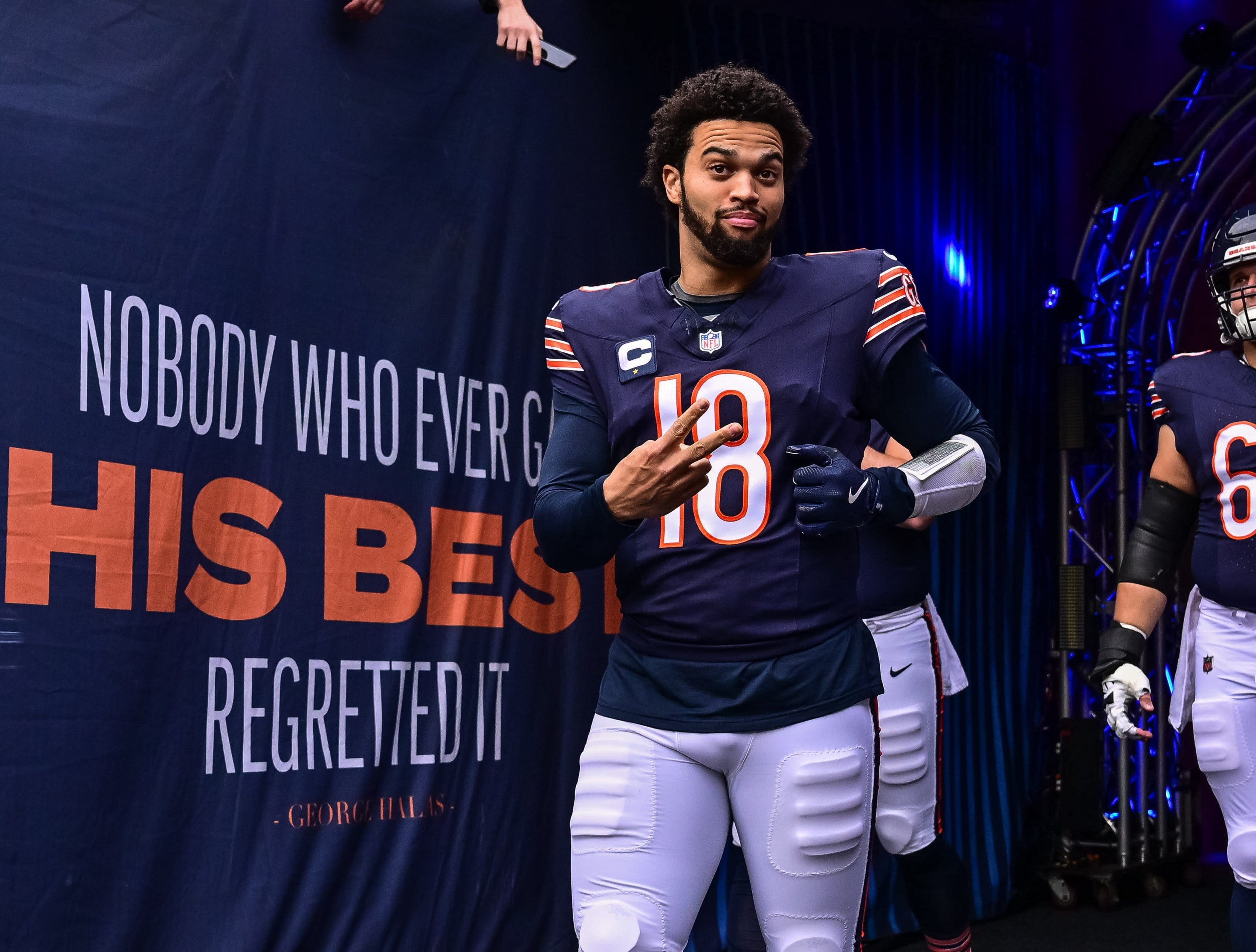 Nov 17, 2024; Chicago, Illinois, USA; Chicago Bears quarterback Caleb Williams (18) enters the field before the game against the Green Bay Packers at Soldier Field.