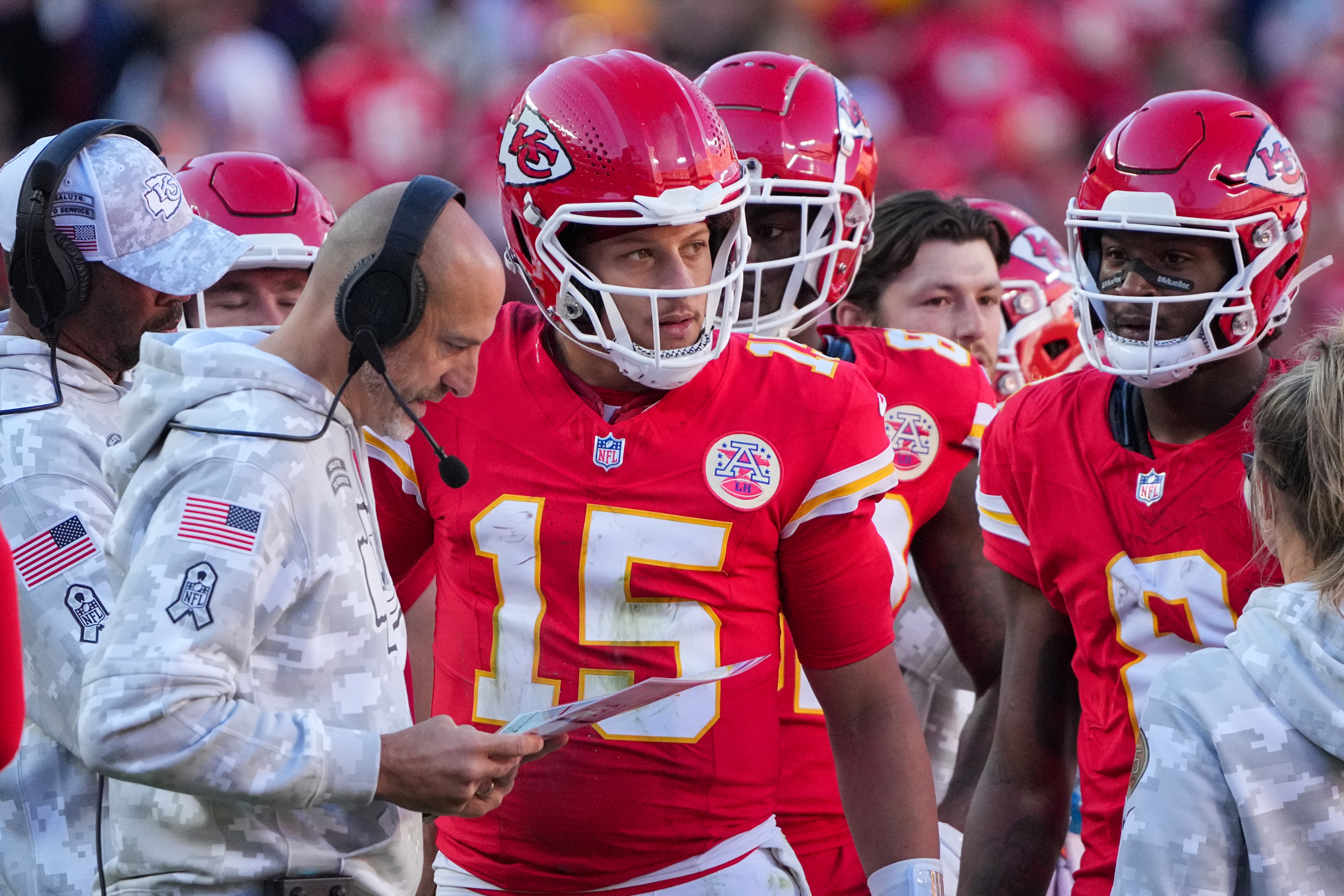 Kansas City Chiefs offensive coordinator Matt Nagy quarterback Patrick Mahomes
