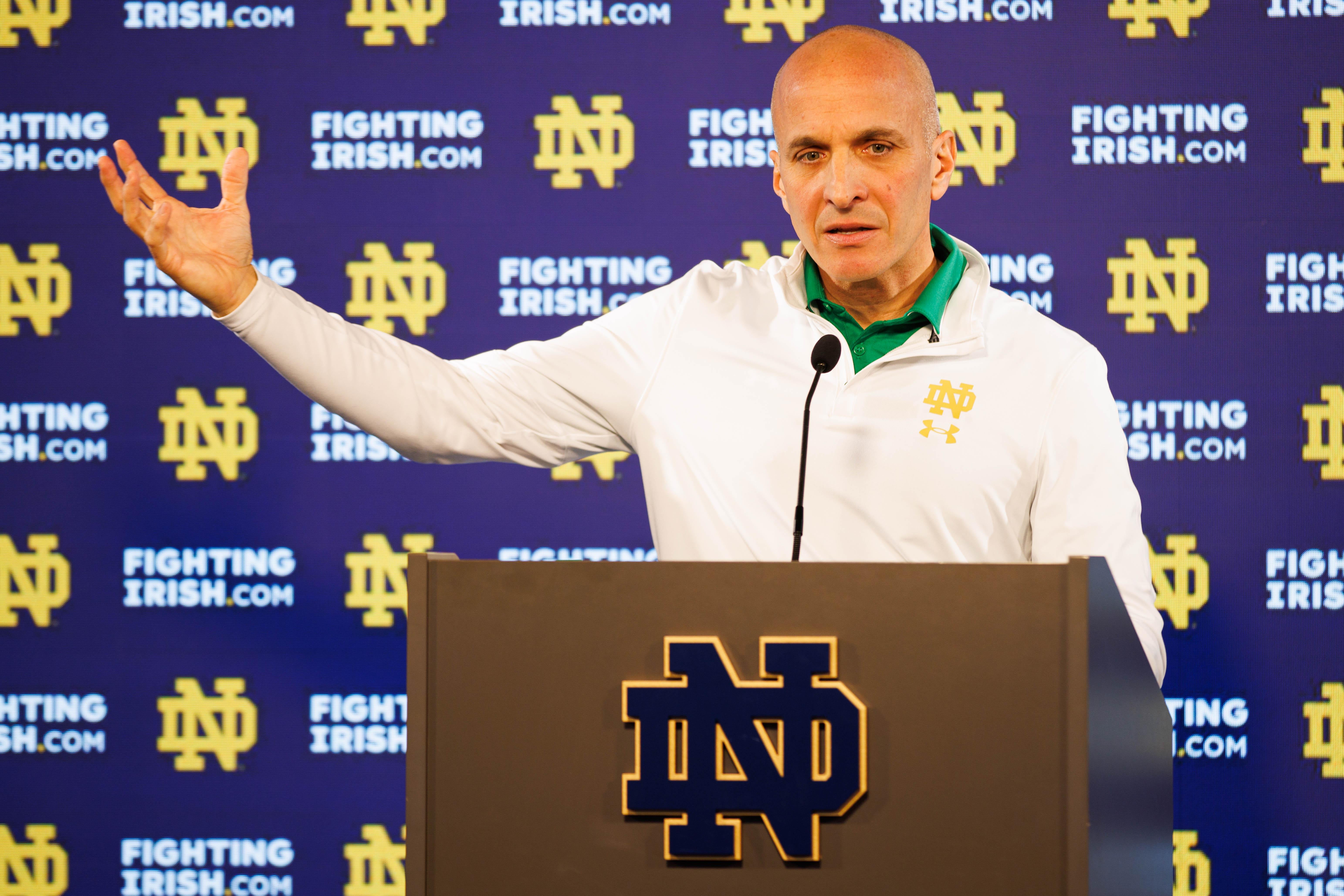 Notre Dame Athletic Director Pete Bevacqua speaks with media at Notre Dame Stadium on Monday, Dec. 17, 2024, in South Bend.