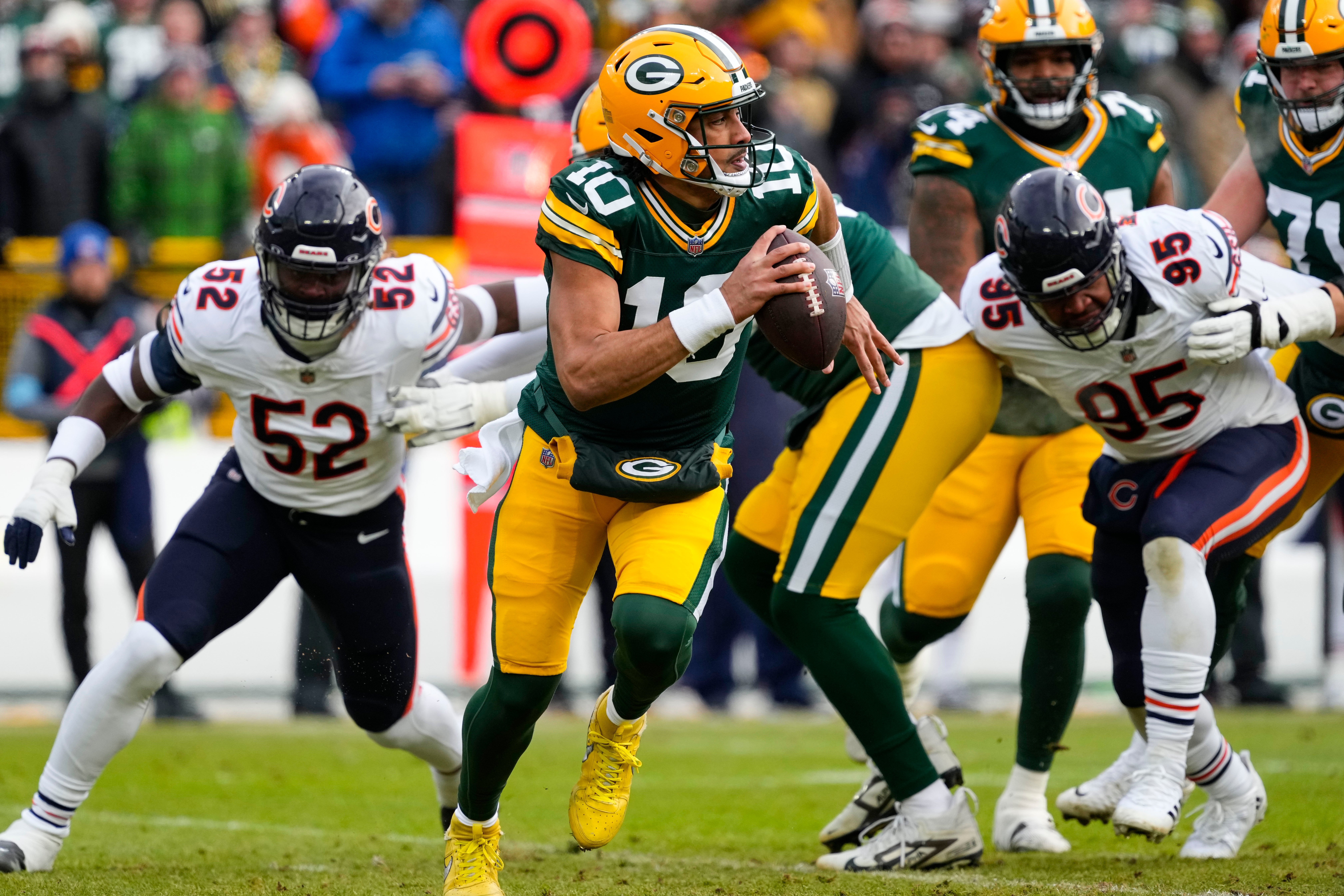 Jan 5, 2025; Green Bay, Wisconsin, USA; Green Bay Packers quarterback Jordan Love (10) during the game against the Chicago Bears at Lambeau Field.