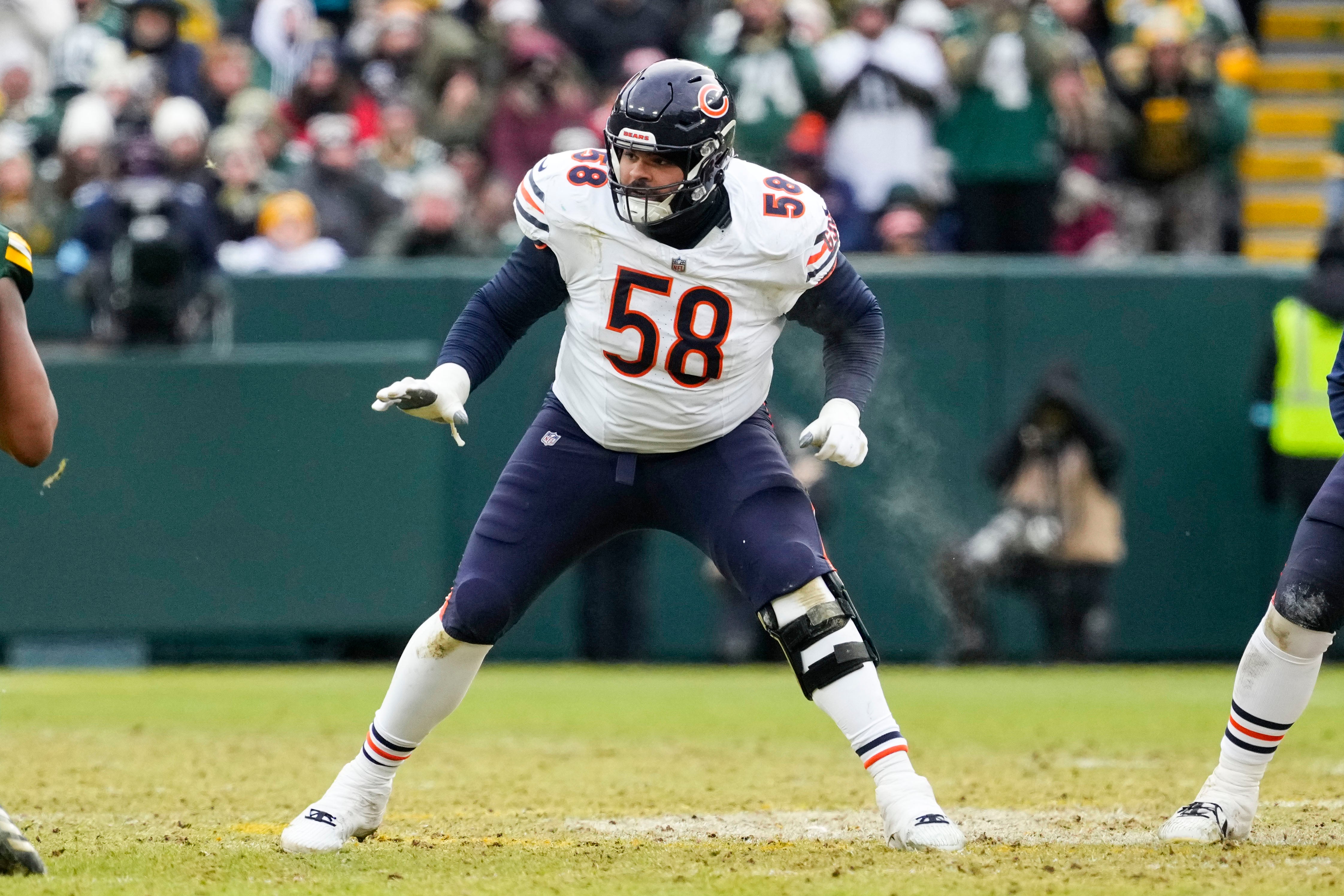 Jan 5, 2025; Green Bay, Wisconsin, USA; Chicago Bears offensive tackle Darnell Wright (58) during the game against the Green Bay Packers at Lambeau Field.