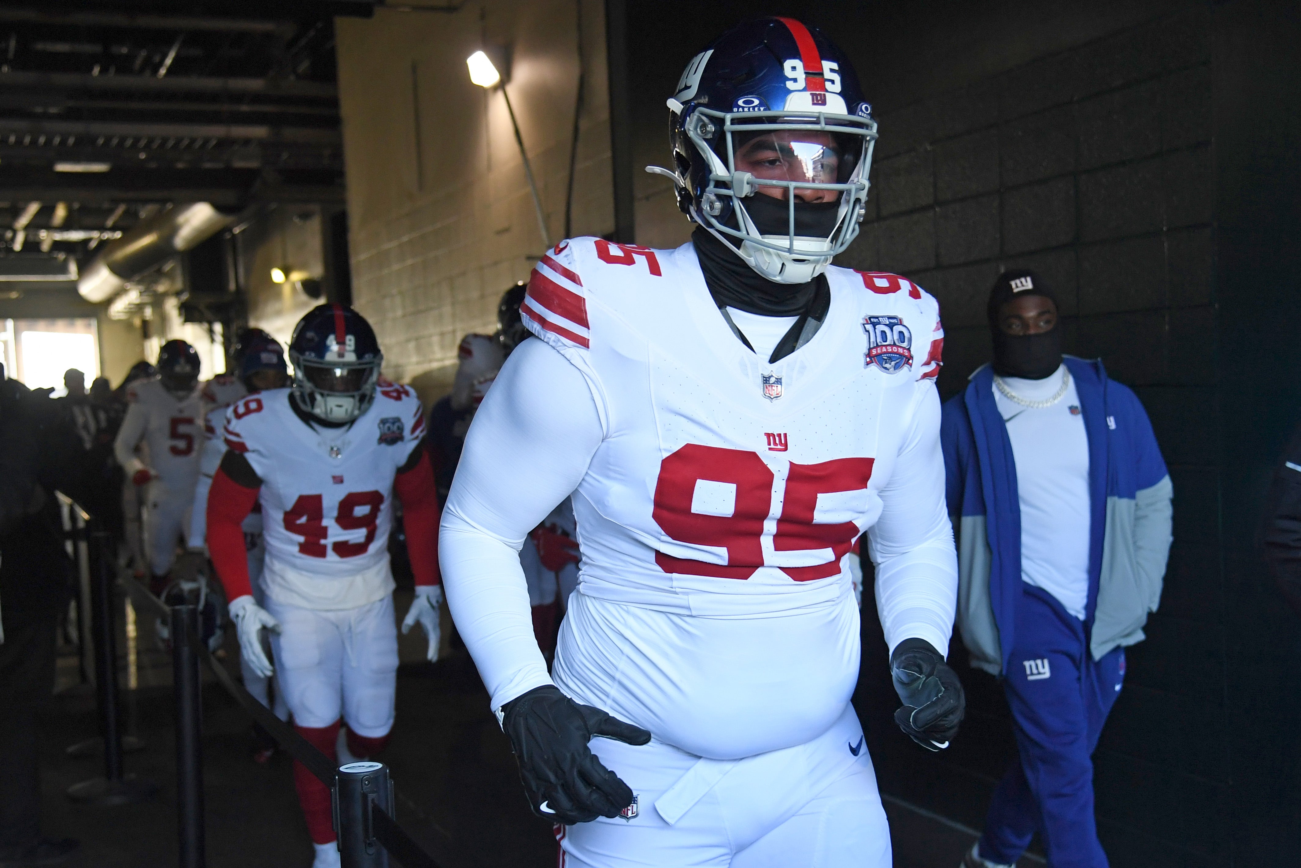 Jan 5, 2025; Philadelphia, Pennsylvania, USA; New York Giants defensive tackle Jordon Riley (95) against the Philadelphia Eagles at Lincoln Financial Field.