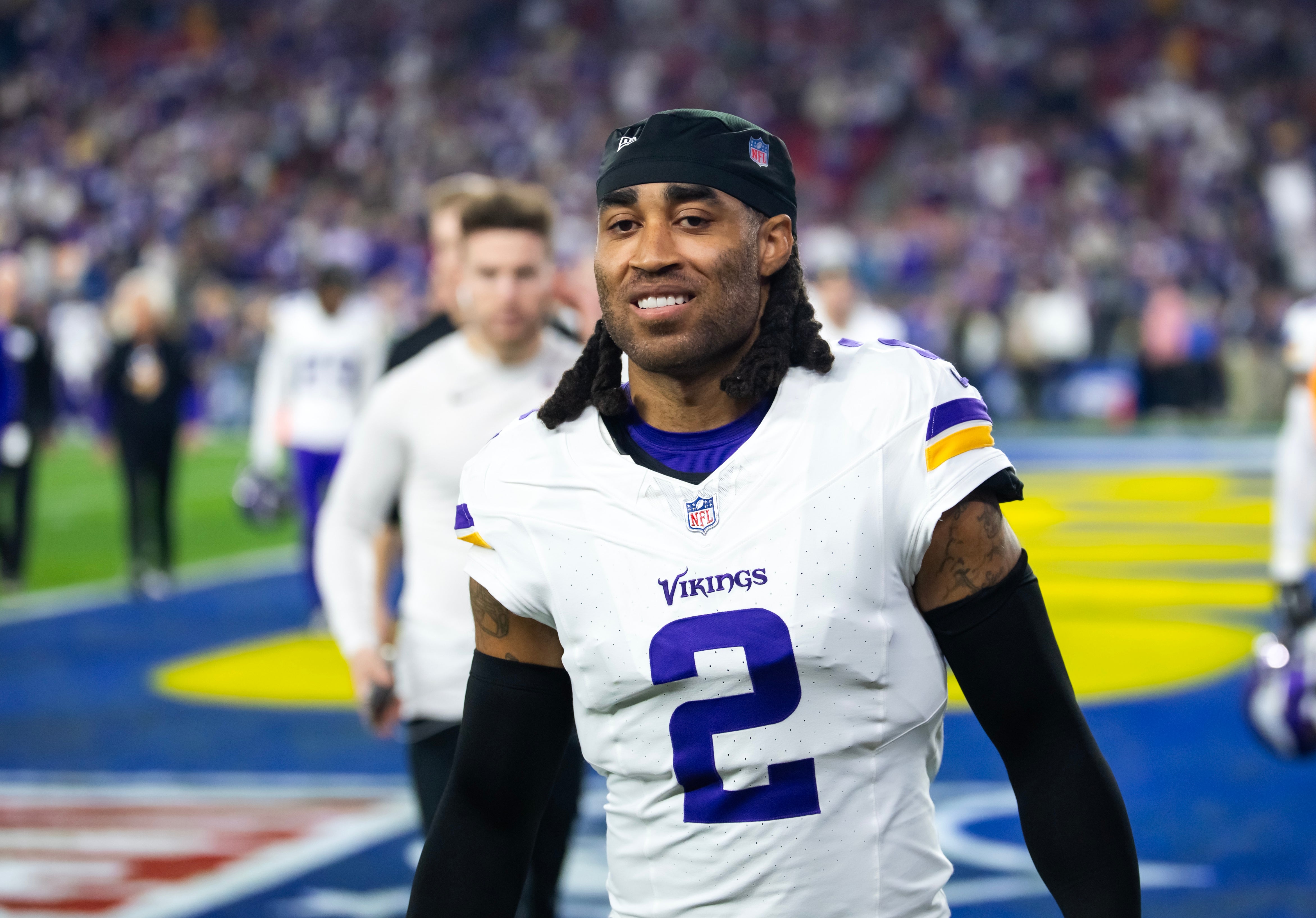 Jan 13, 2025; Glendale, AZ, USA; Minnesota Vikings cornerback Stephon Gilmore (2) against the Los Angeles Rams during an NFC wild card game at State Farm Stadium.
