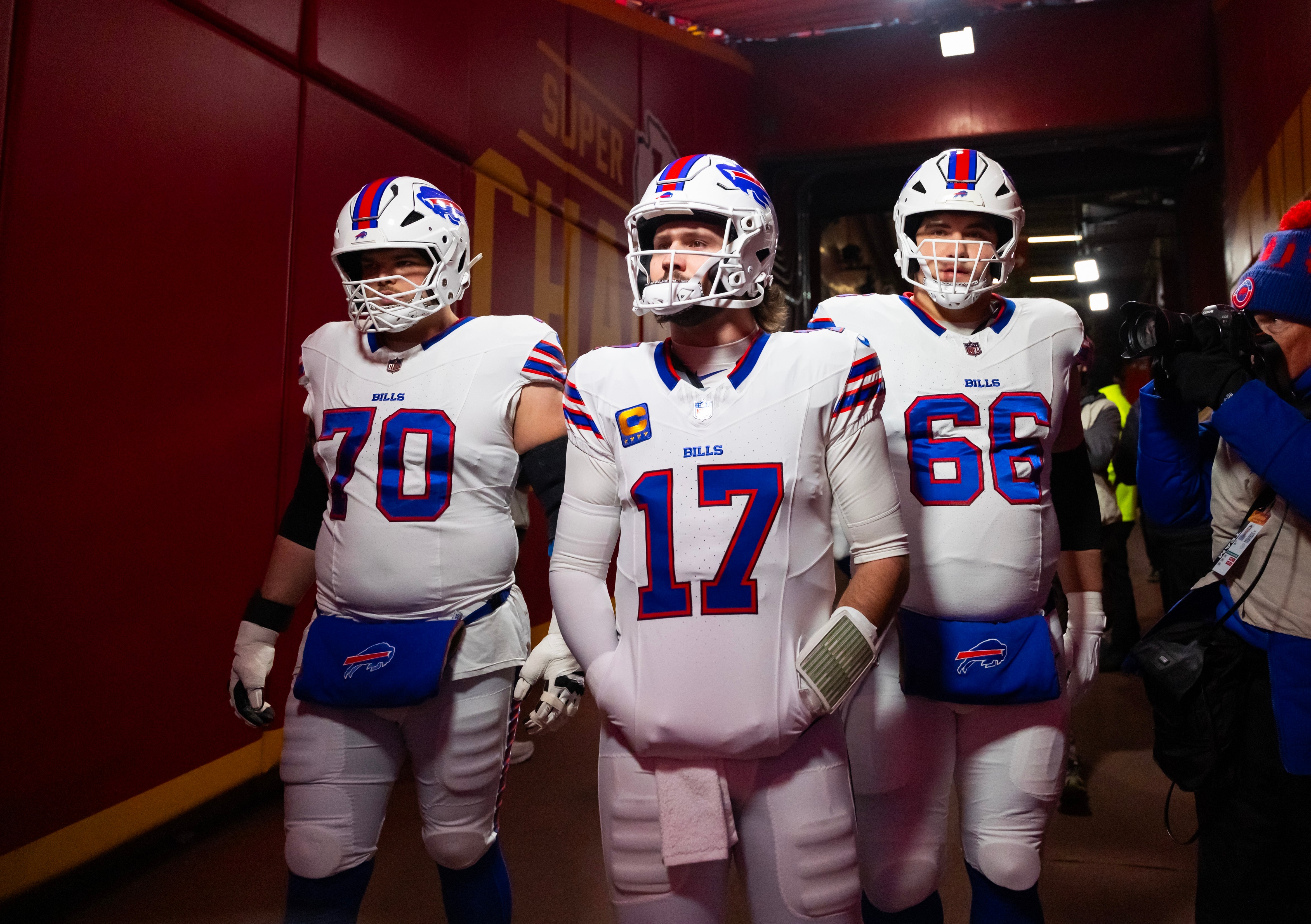 Jan 26, 2025; Kansas City, MO, USA; Buffalo Bills offensive tackle Alec Anderson (70), quarterback Josh Allen (17) and guard Connor McGovern (66) against the Kansas City Chiefs during the AFC Championship game at GEHA Field at Arrowhead Stadium.