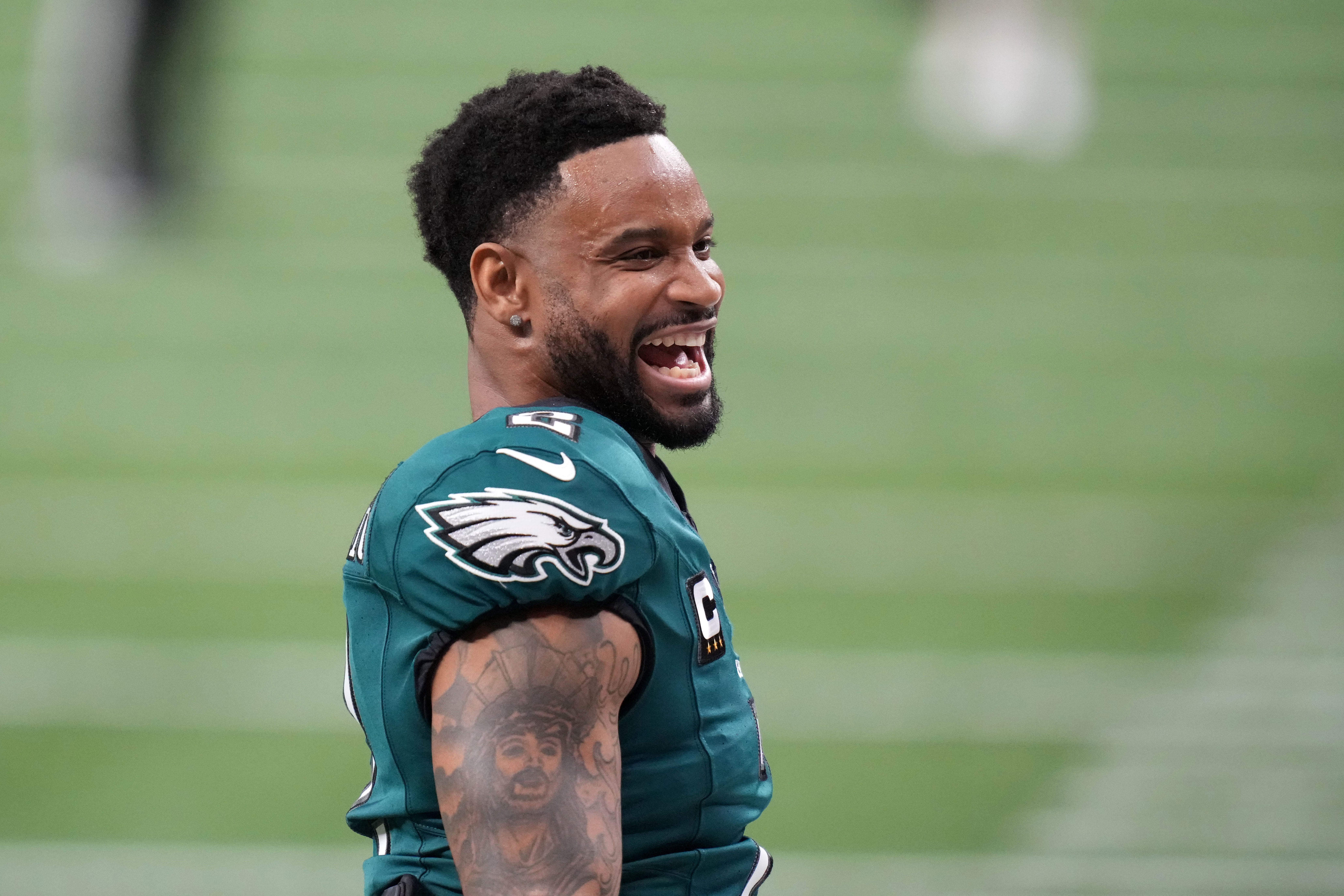 Feb 9, 2025; New Orleans, LA, USA; Philadelphia Eagles cornerback Darius Slay Jr. (2) takes the field before Super Bowl LIX against the Kansas City Chiefs at Caesars Superdome.