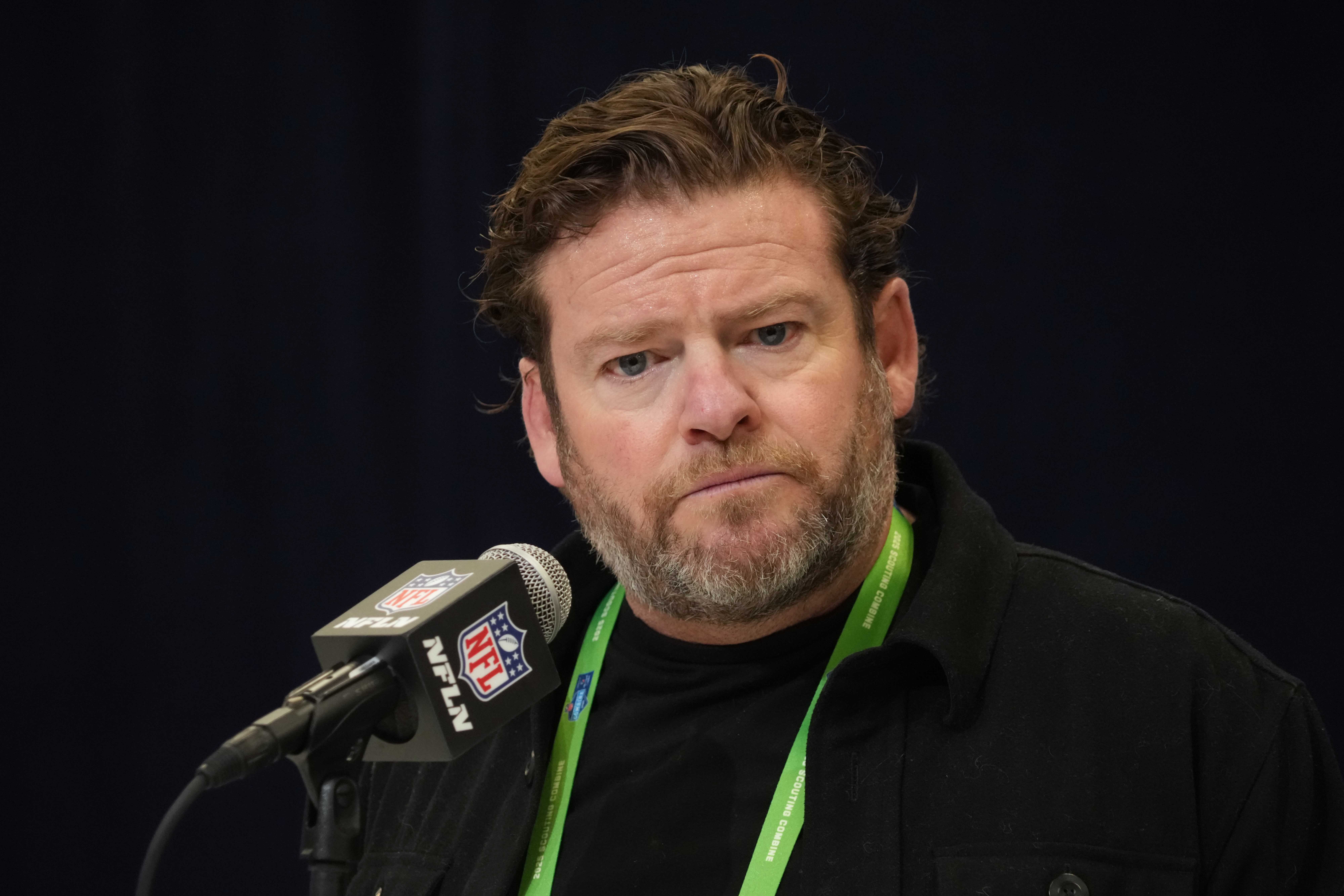 Feb 25, 2025; Indianapolis, IN, USA; Seattle Seahawks general manager John Schneider speaks during the NFL Scouting Combine at the Indiana Convention Center.