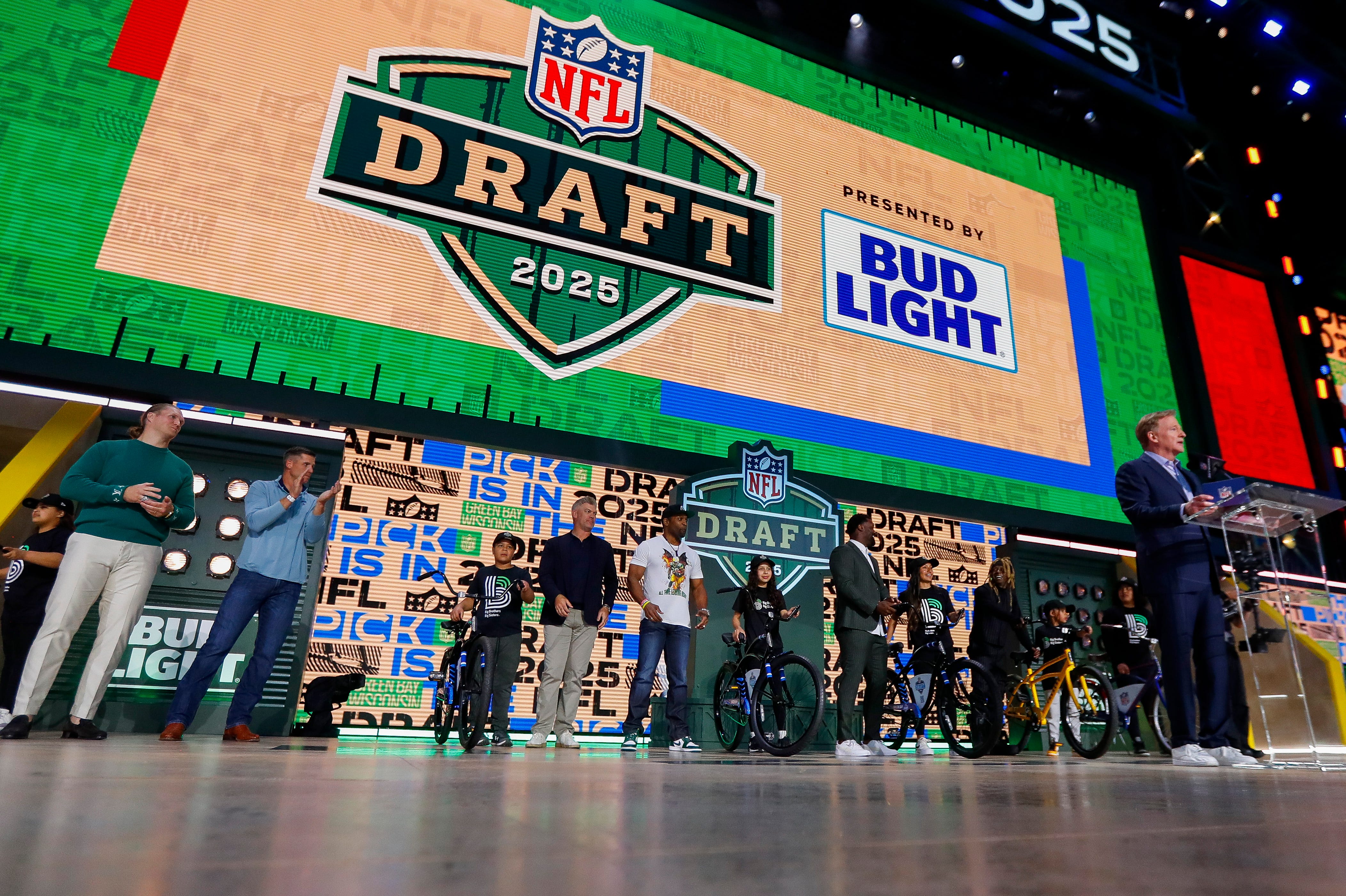 NFL Commissioner Roger Goodell and Green Bay Packers alumni welcome fans to the 2025 NFL Draft before the first round on Thursday, April 24, 2025, at Lambeau Field in Green Bay, Wisconsin. The draft runs through April 26.
