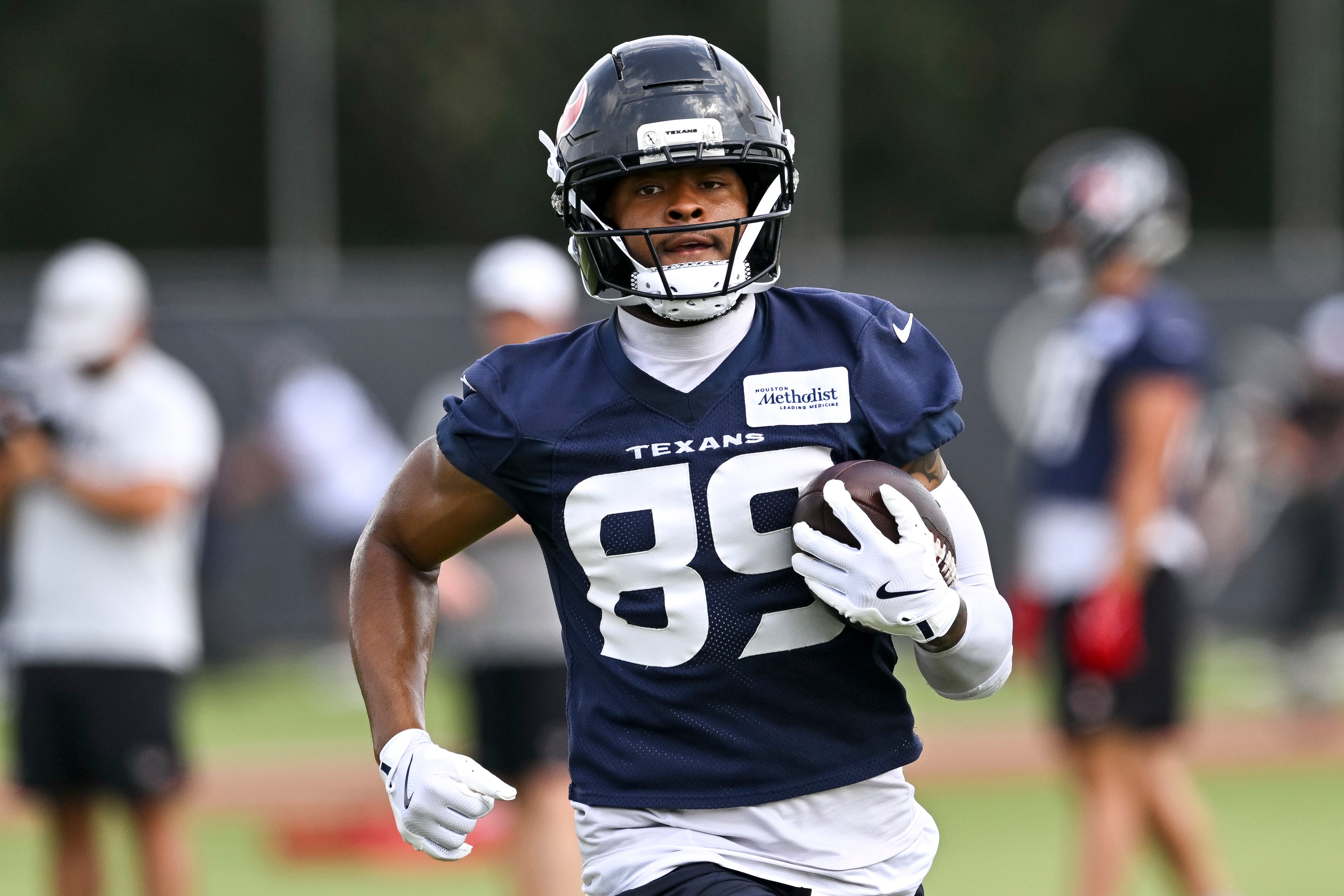 Jun 10, 2025; Houston, TX, USA; Houston Texans wide receiver Xavier Johnson (89) participates in a drill during an NFL football minicamp at NRG Stadium.