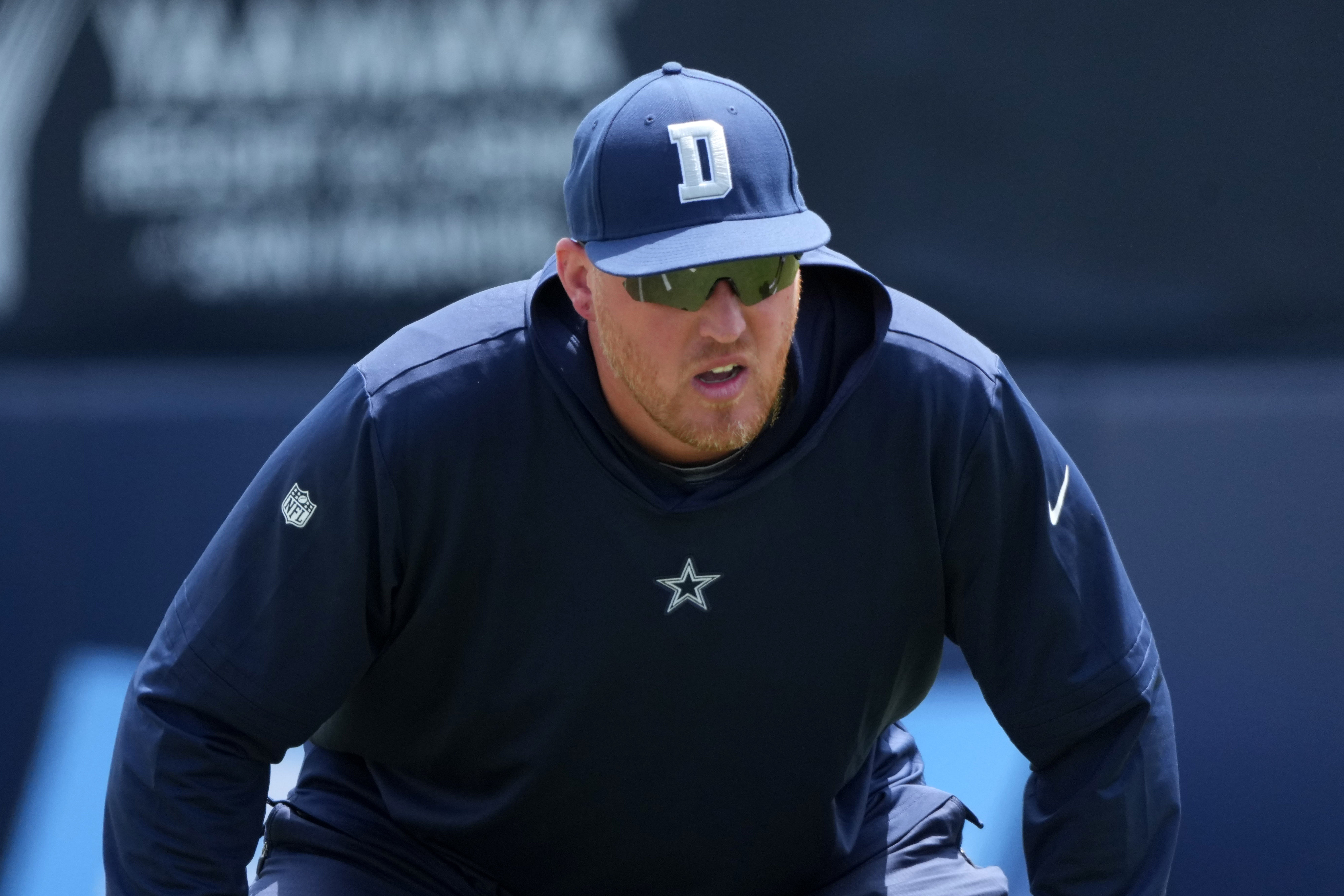 Jul 22, 2025; Oxnard, CA, USA; Dallas Cowboys quarterbacks coach Steve Shimko during training camp at the River Ridge Fields.