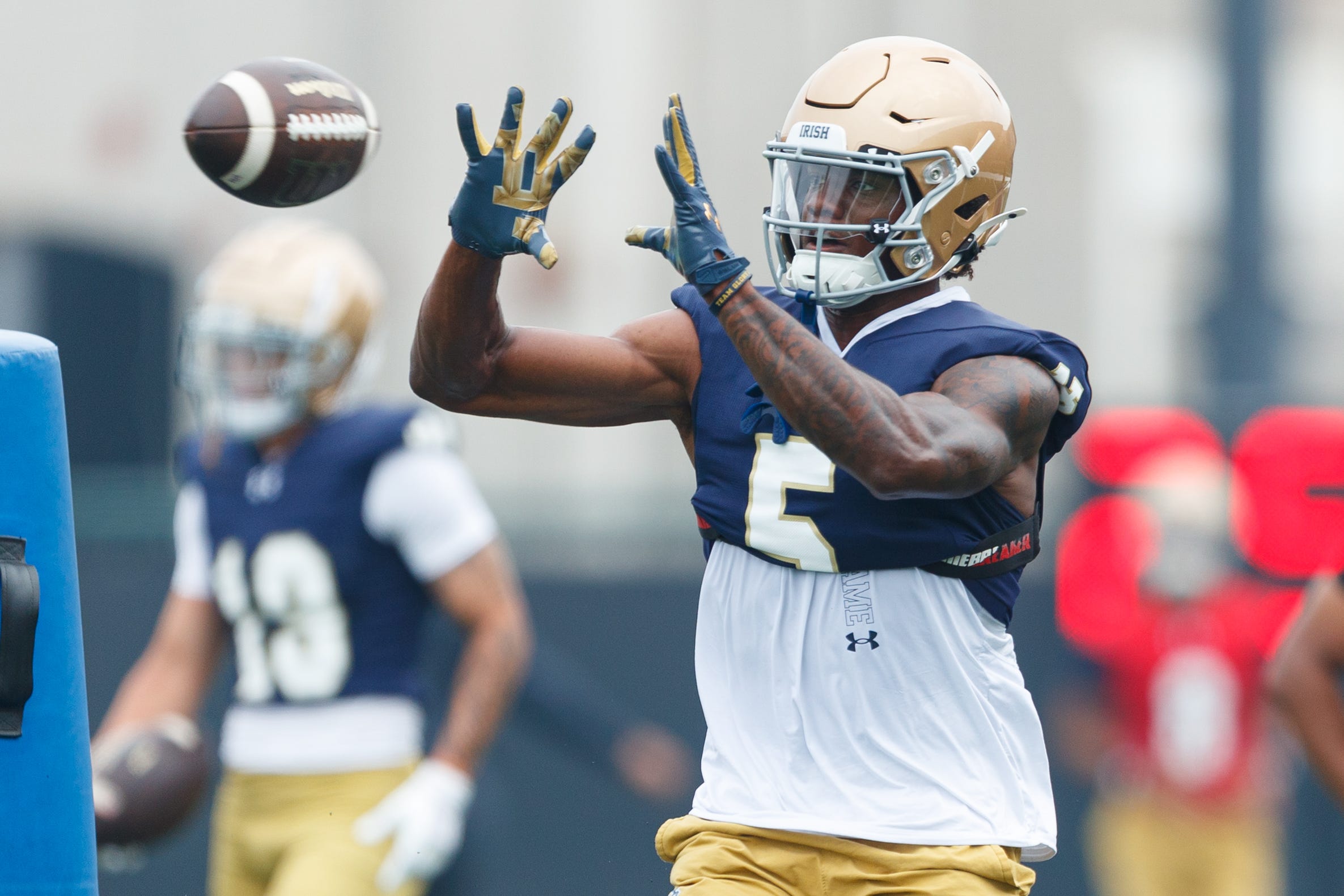 Notre Dame wide receiver Cam Williams catches the ball during a football practice at Irish Athletic Center on Thursday, July 31, 2025, in South Bend.