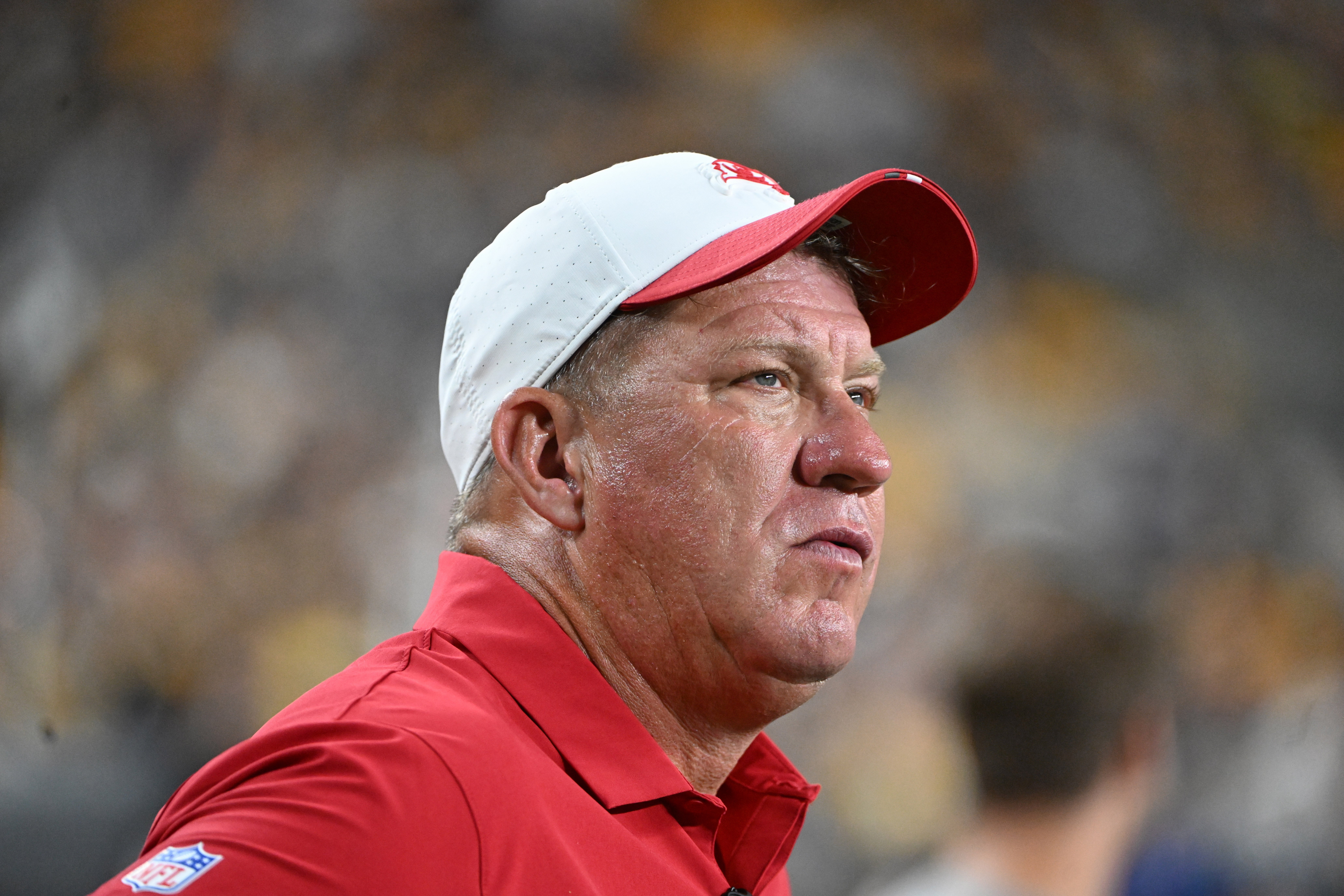 Aug 16, 2025; Pittsburgh, Pennsylvania, USA; Tampa Bay Buccaneers General Manager Jason Licht watches the action against the Pittsburgh Steelers during the second half at Acrisure Stadium.