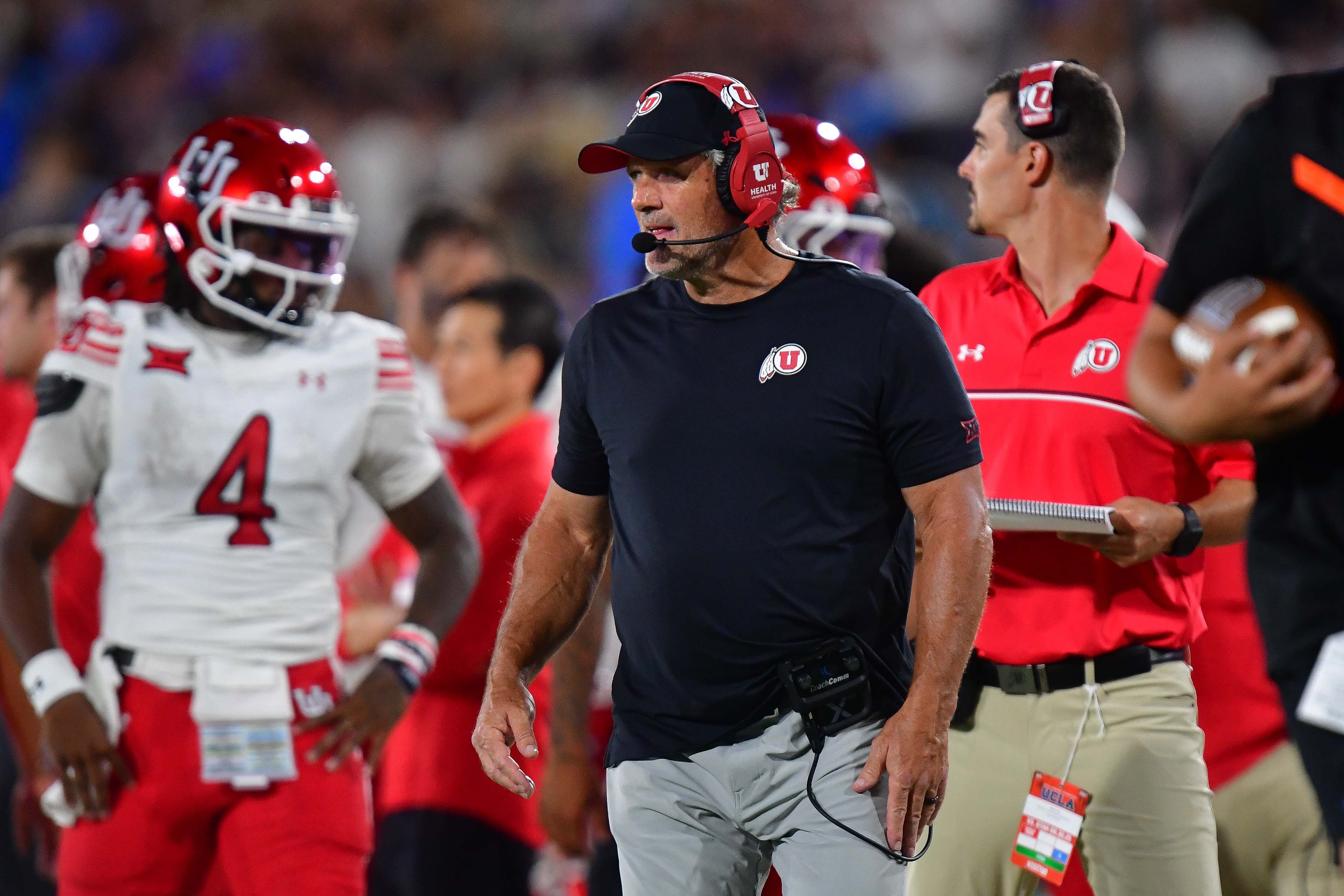 Aug 30, 2025; Pasadena, California, USA; Utah Utes head coach Kyle Whittingham watches game action against the UCLA Bruins during the first half at Rose Bowl.
