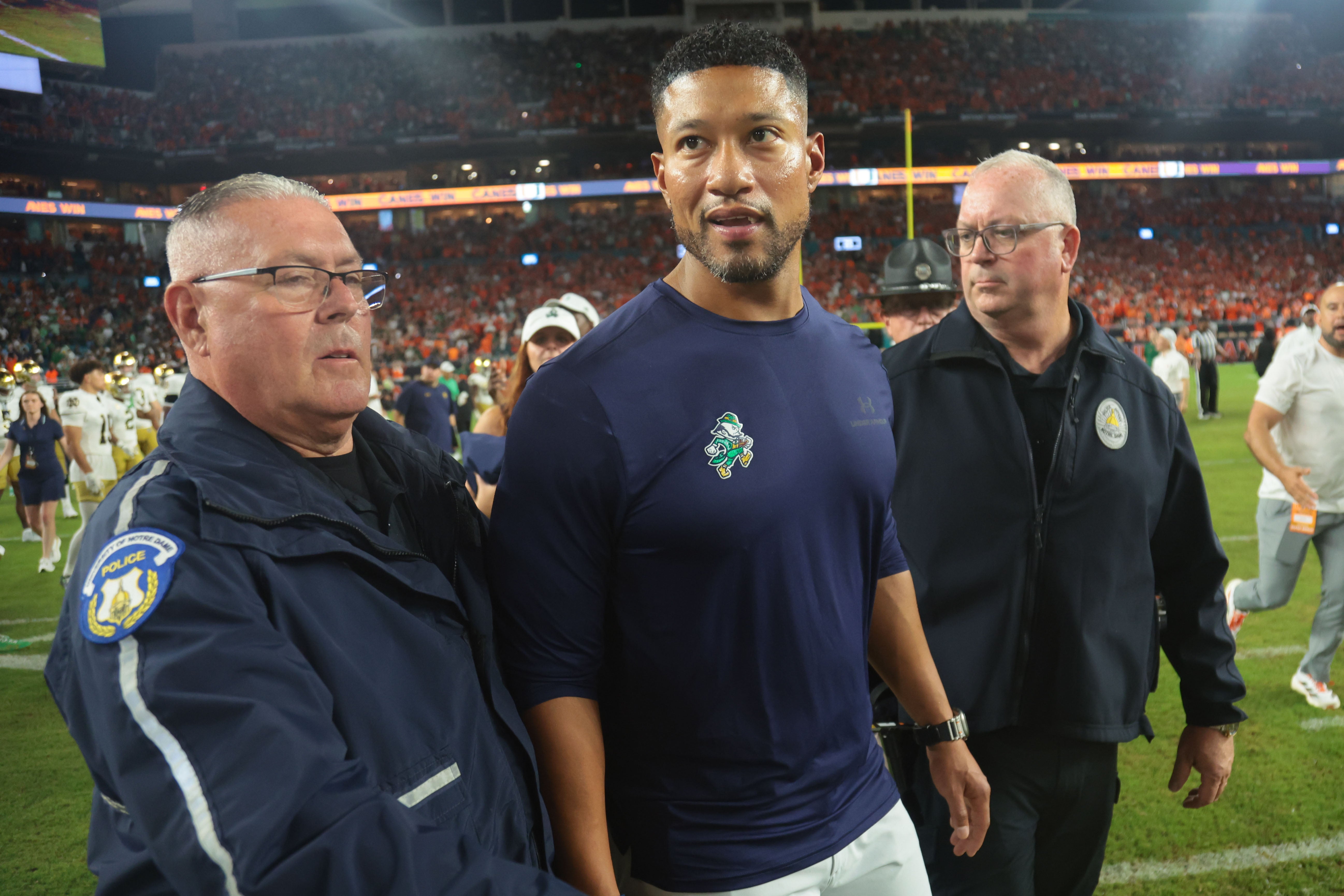 Aug 31, 2025; Miami Gardens, Florida, USA; Notre Dame Fighting Irish head coach Marcus Freeman reacts after the after the game against the Miami Hurricanes at Hard Rock Stadium.