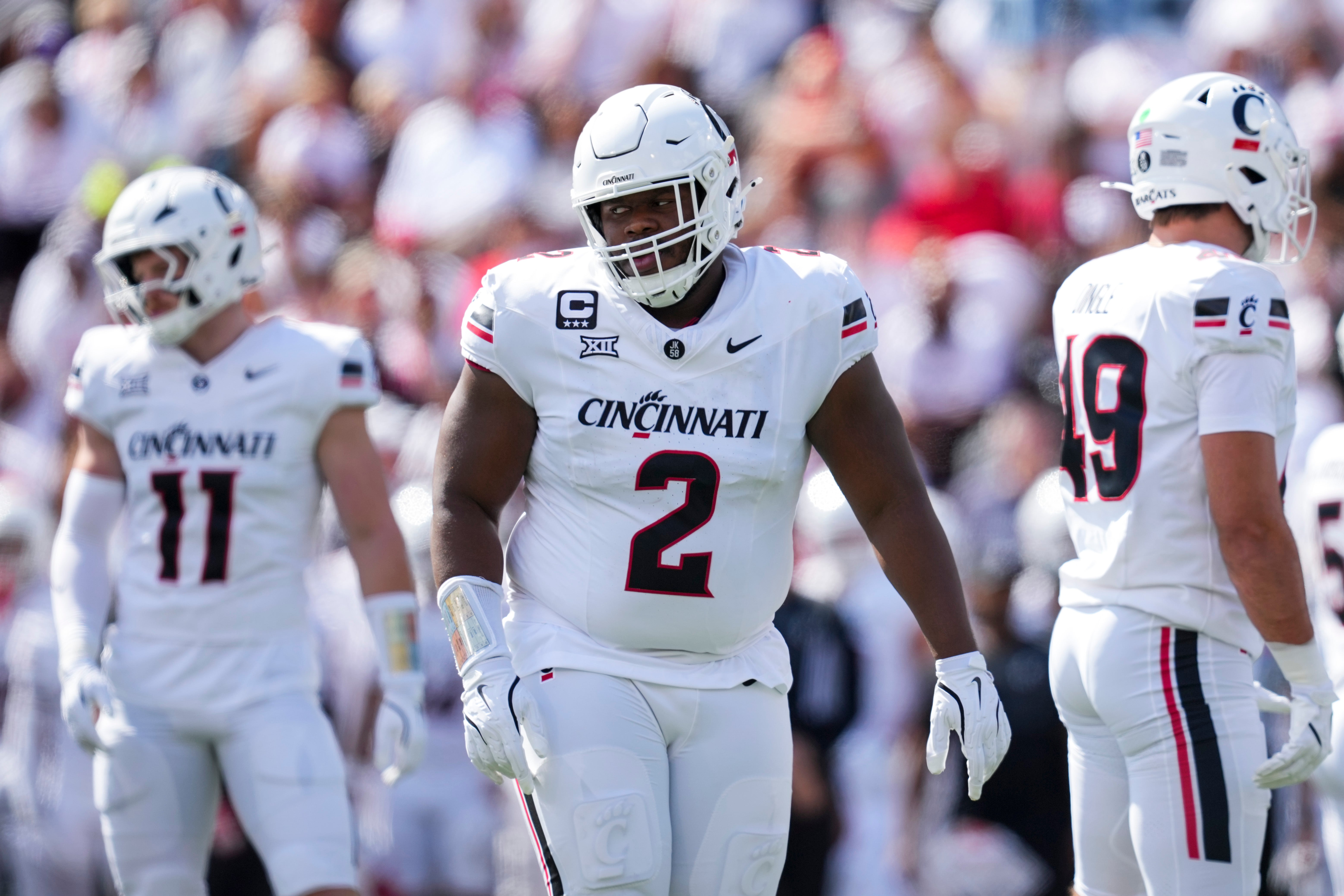 Sep 6, 2025; Cincinnati, Ohio, USA; Cincinnati Bearcats defensive lineman Dontay Corleone (2) stands on the field against the Bowling Green Falcons in the first half at Nippert Stadium.