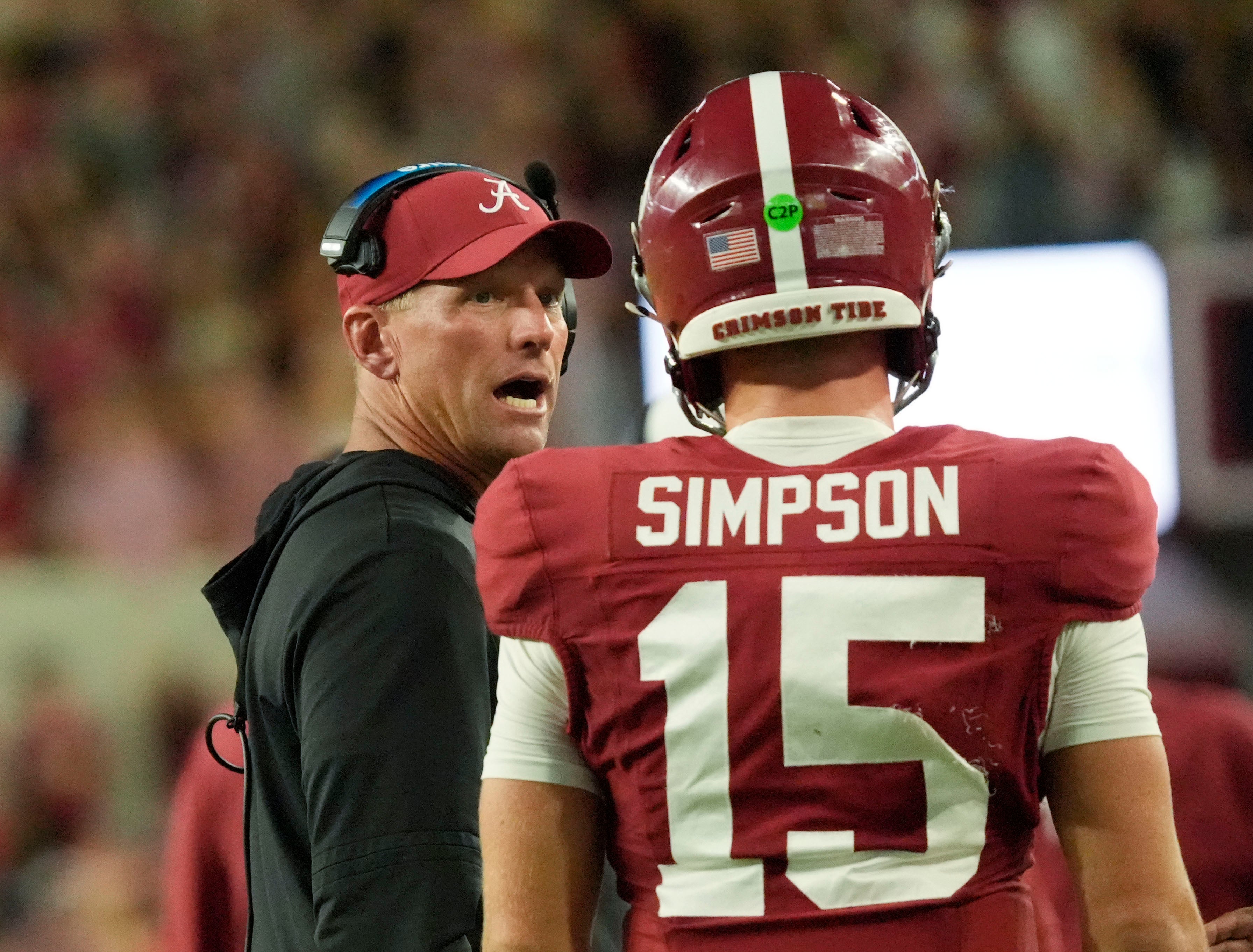 Sep 6, 2025; Tuscaloosa, Alabama, USA; Alabama head coach Kalen DeBoer talks to Alabama quarterback Ty Simpson (15) as Simpson comes off the field after a touchdown drive against UL Monroe at Saban Field at Bryant-Denny Stadium.