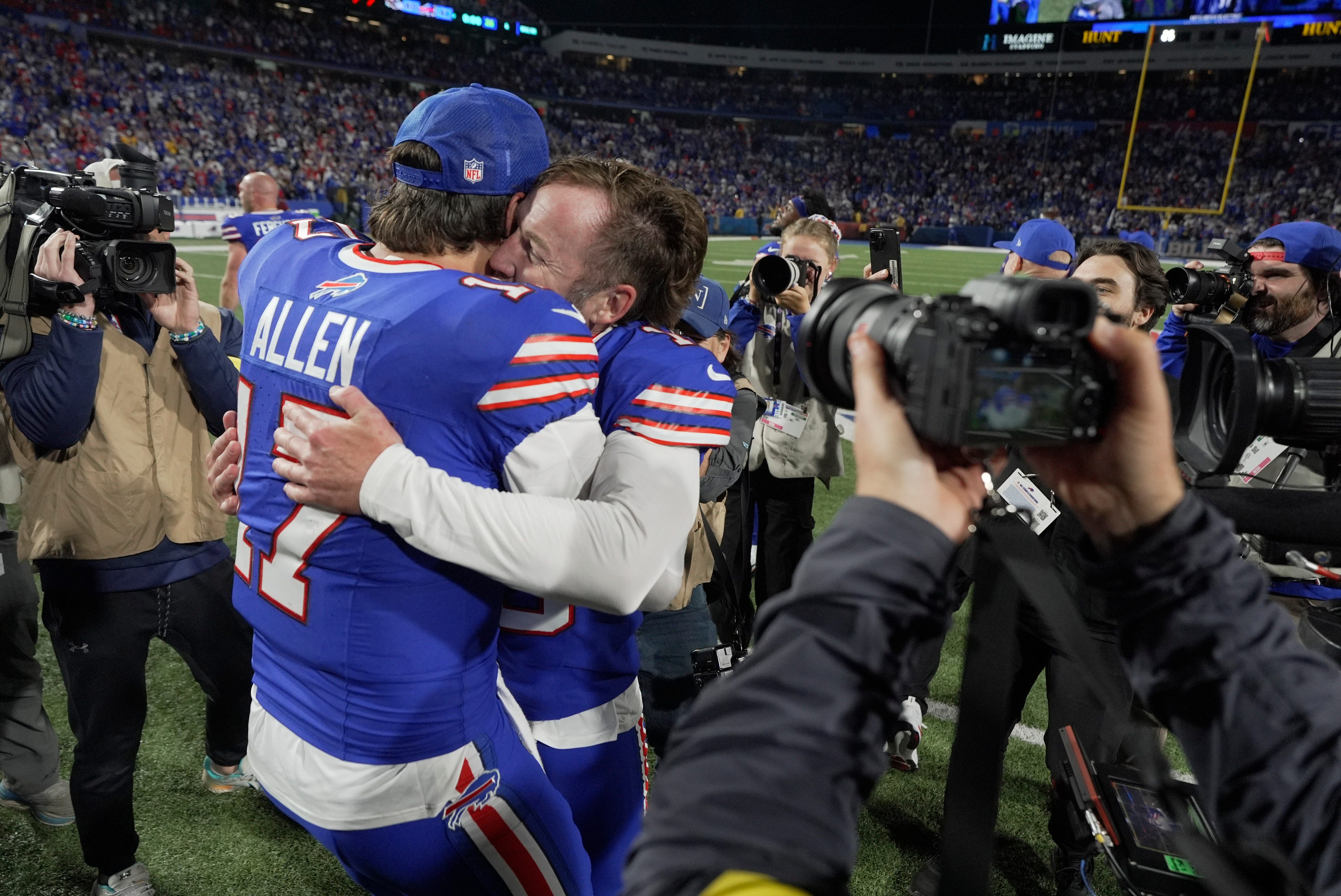 Bills kicker Matt Prater hugs quarterback Josh Allen after the win over the Baltimore Ravens at Highmark Stadium in Orchard Park on Sept. 7, 2025. Prater’s field goal put them up 41-40 in the finals seconds.
